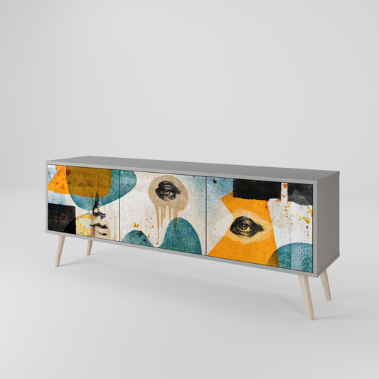 ABSTRACT FACES 3-Door TV Stand in Grey Finish