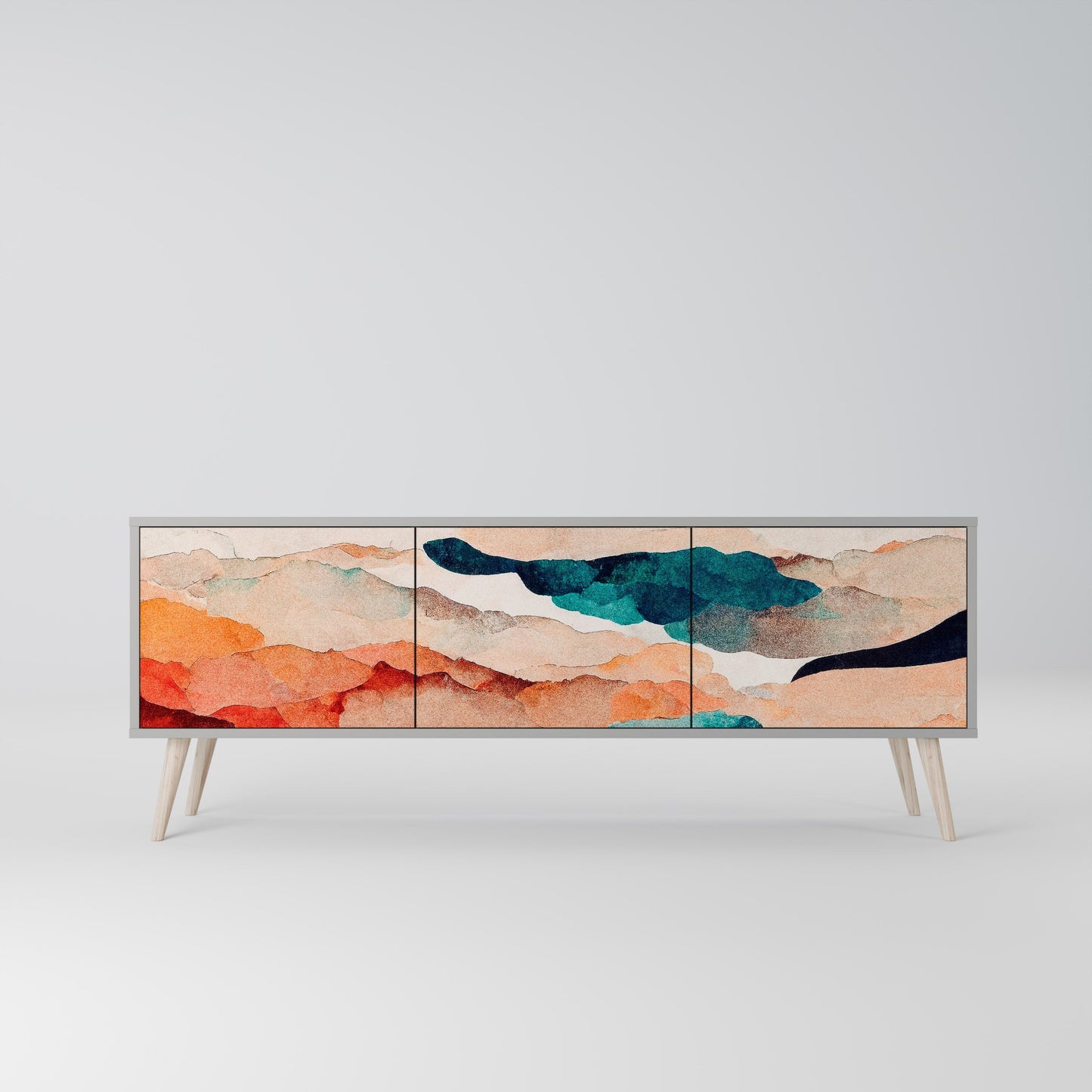 ABSTRACT LANDSCAPE 3-Door TV Stand in Grey Finish