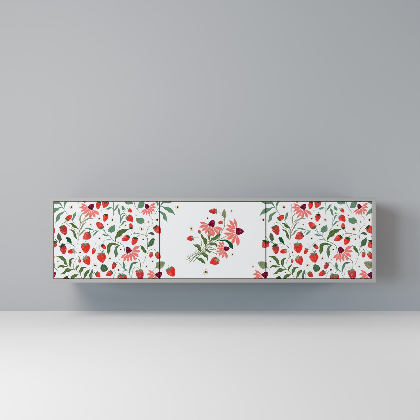 FLOWERS AND STRAWBERRIES 3-Door TV Stand in Grey Finish