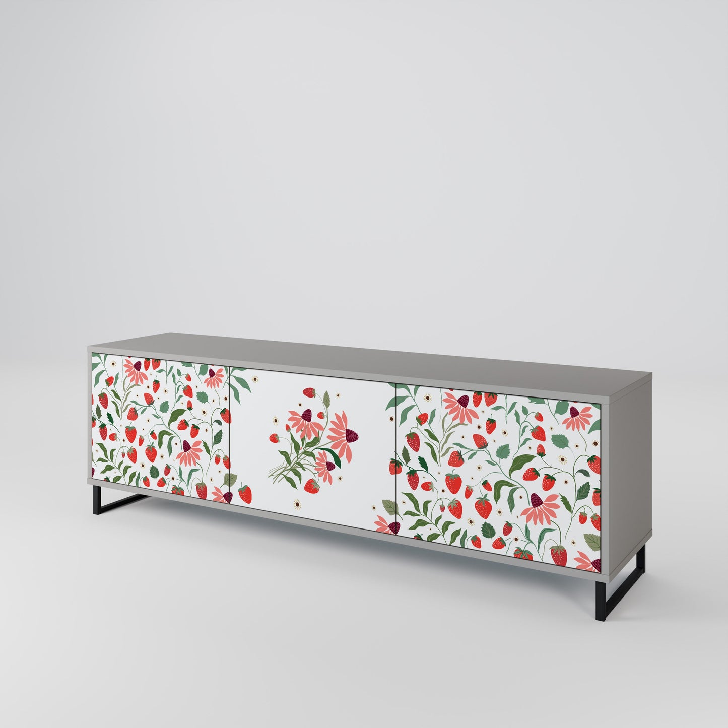 FLOWERS AND STRAWBERRIES 3-Door TV Stand in Grey Finish