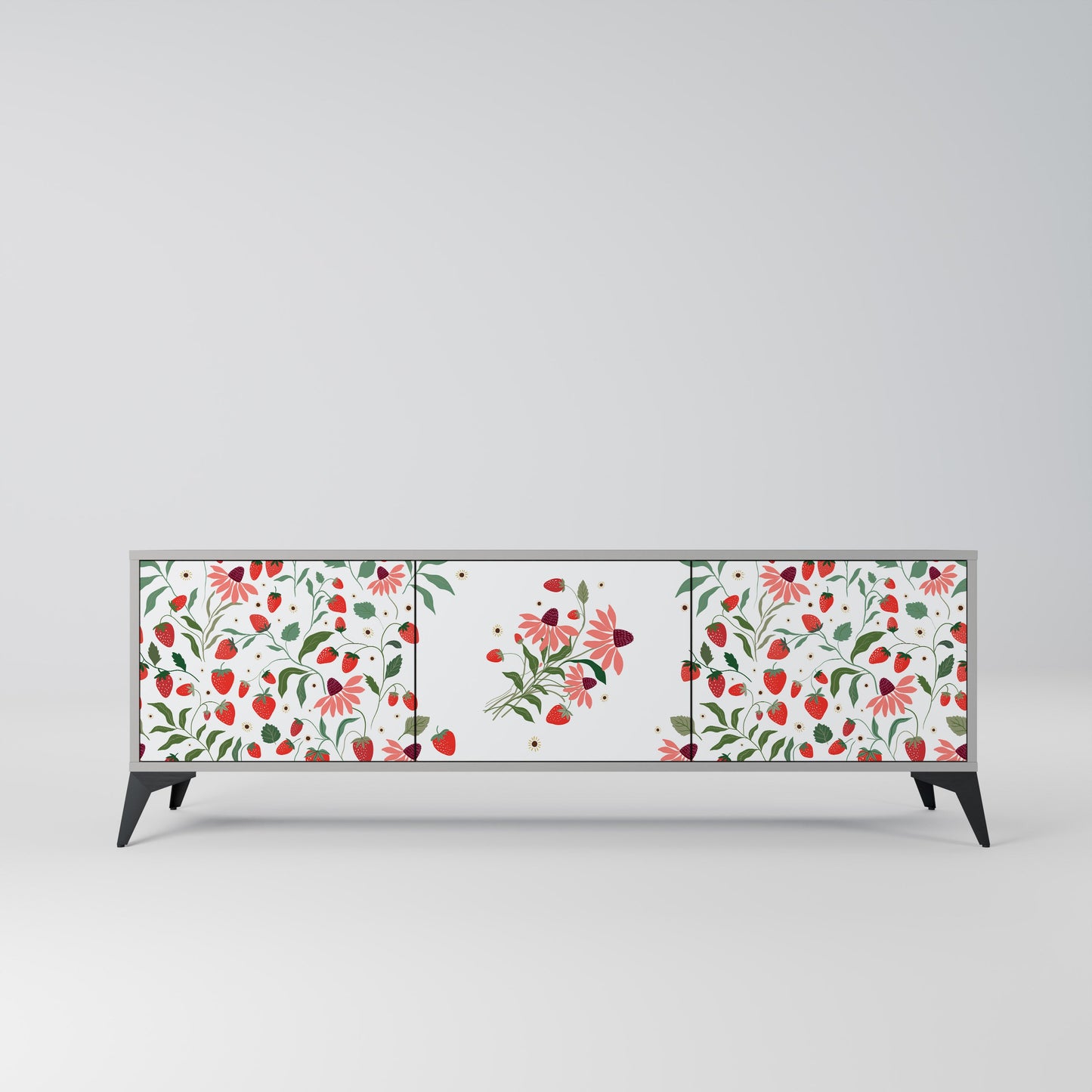 FLOWERS AND STRAWBERRIES 3-Door TV Stand in Grey Finish