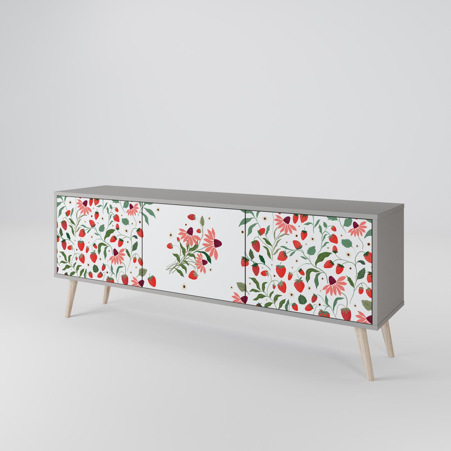 FLOWERS AND STRAWBERRIES 3-Door TV Stand in Grey Finish