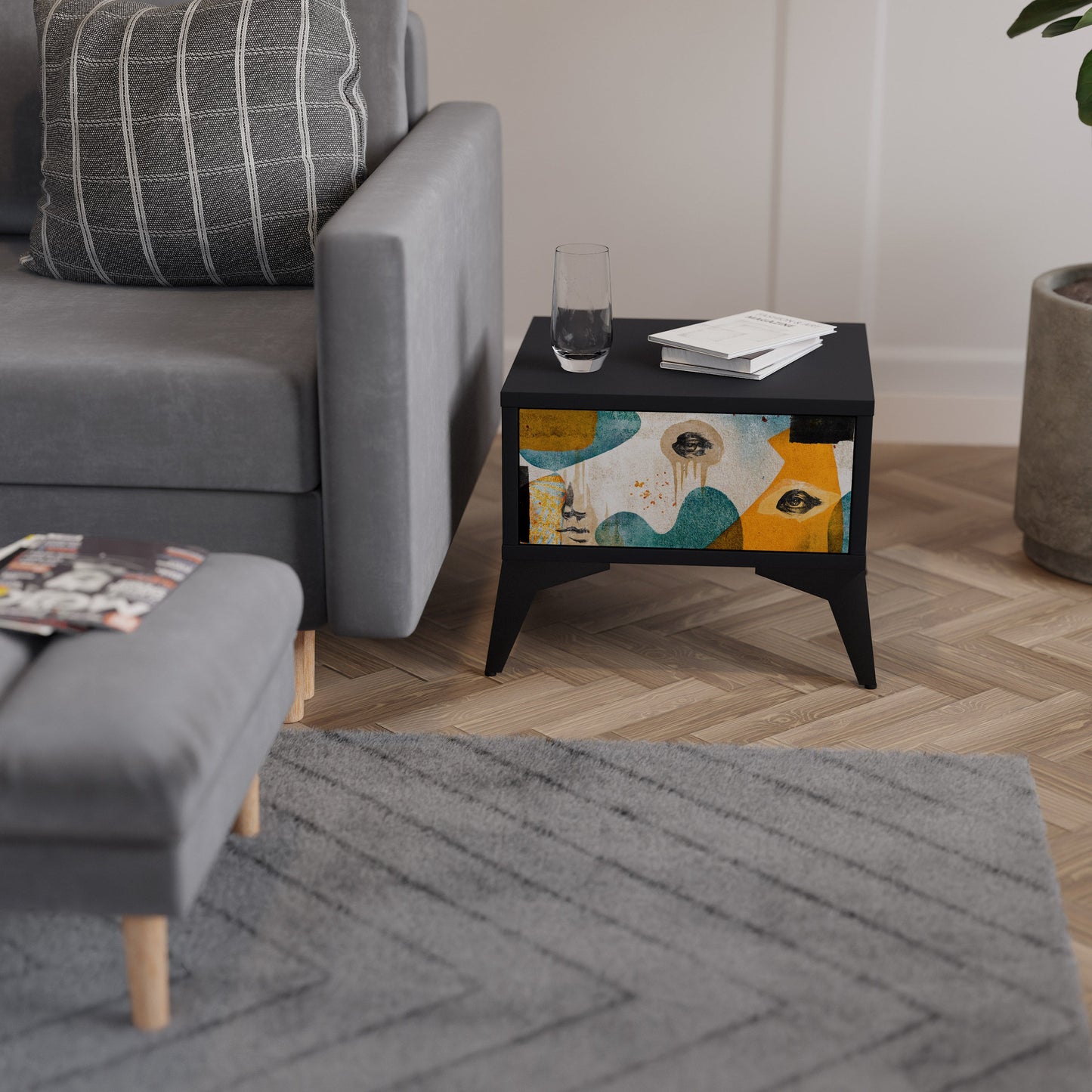 ABSTRACT FACES Nightstand in Black Finish