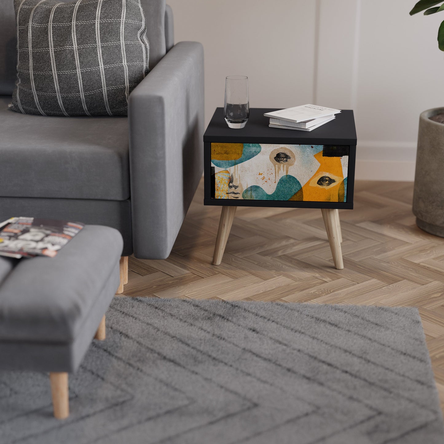 ABSTRACT FACES Nightstand in Black Finish