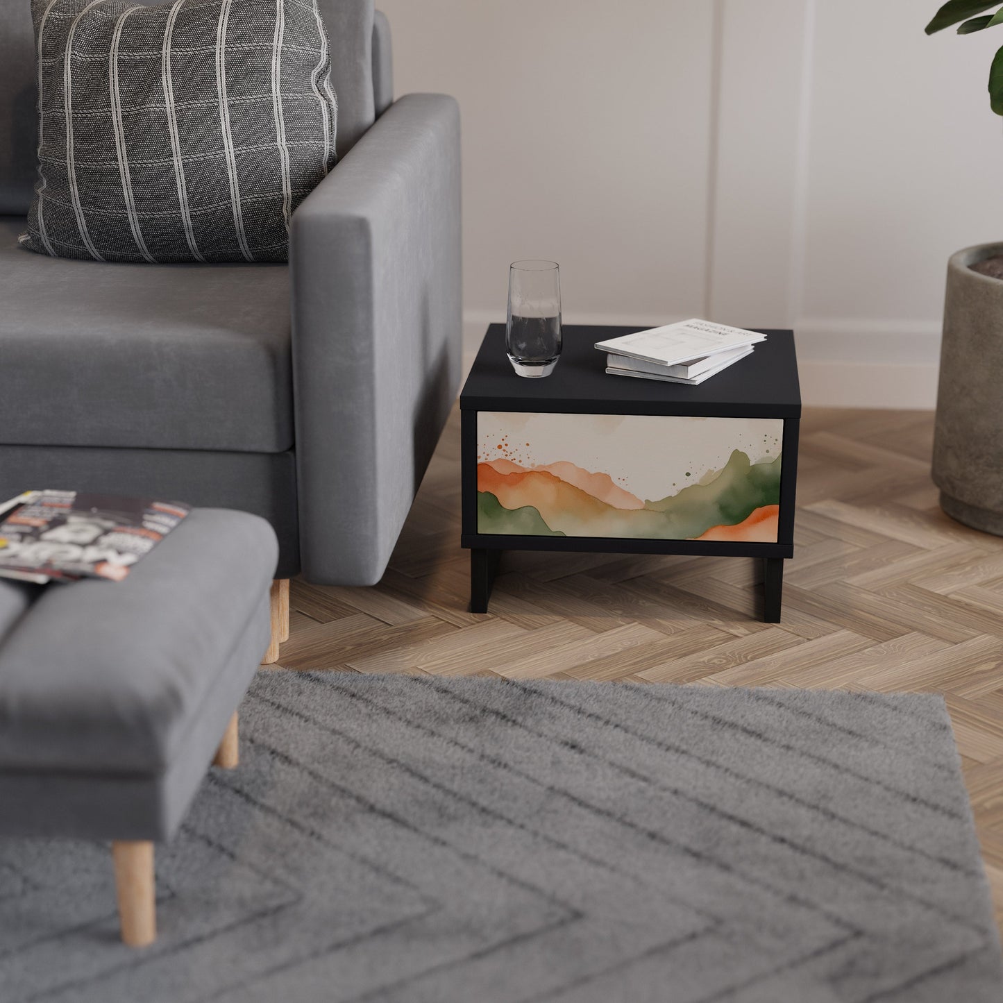 WATERCOLOUR PEAKS Nightstand in Black Finish