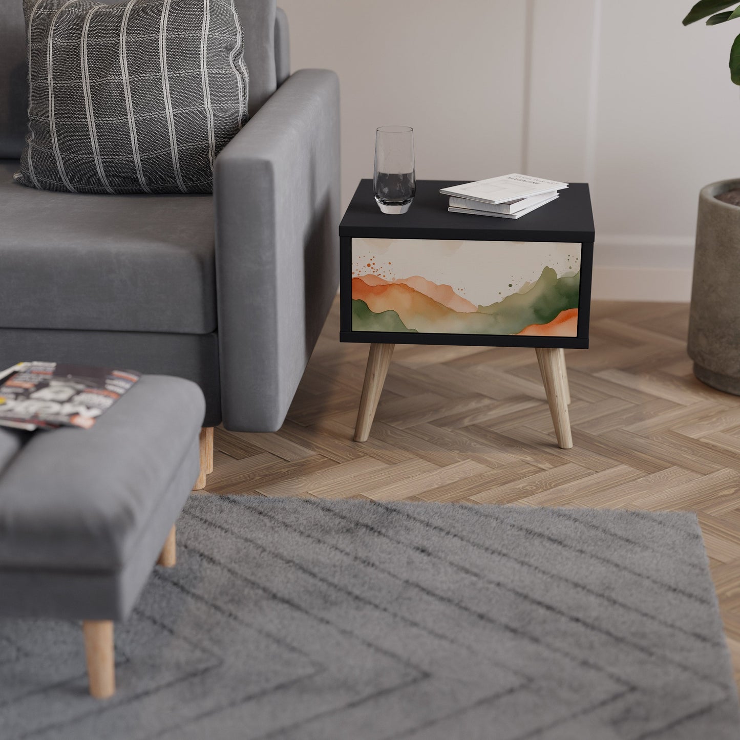 WATERCOLOUR PEAKS Nightstand in Black Finish