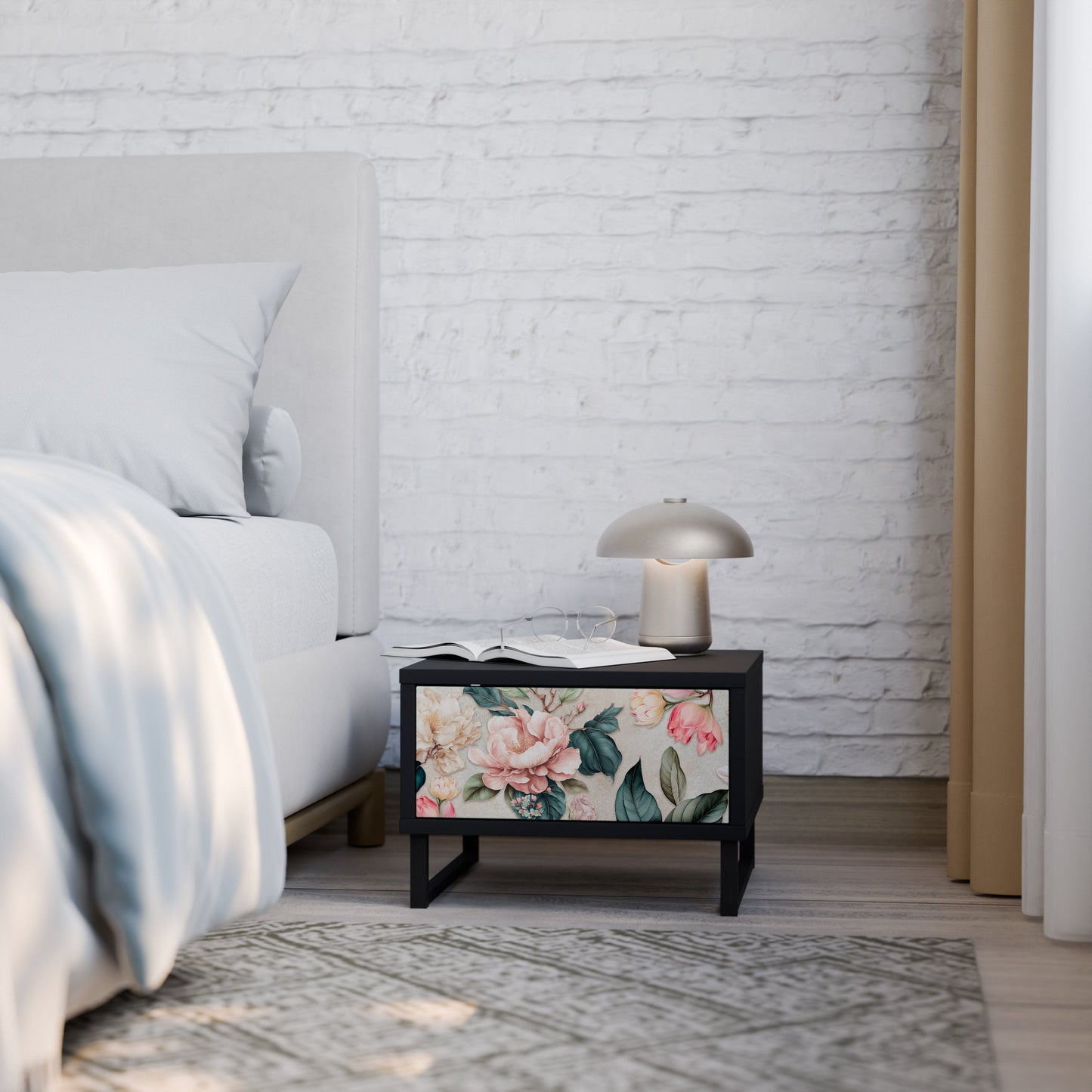 FLORAL GRACE Nightstand in Black Finish