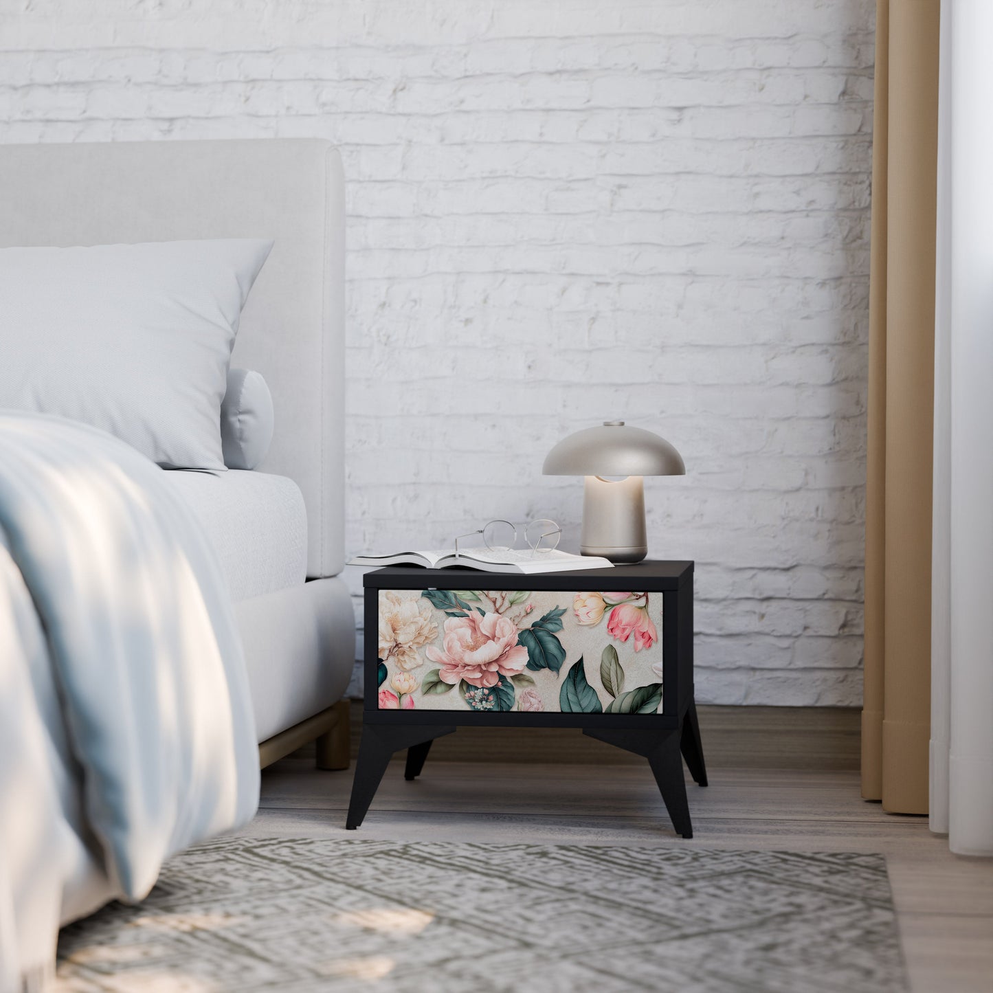 FLORAL GRACE Nightstand in Black Finish