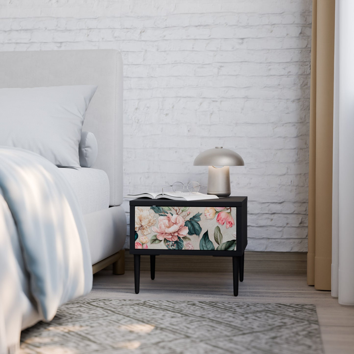 FLORAL GRACE Nightstand in Black Finish