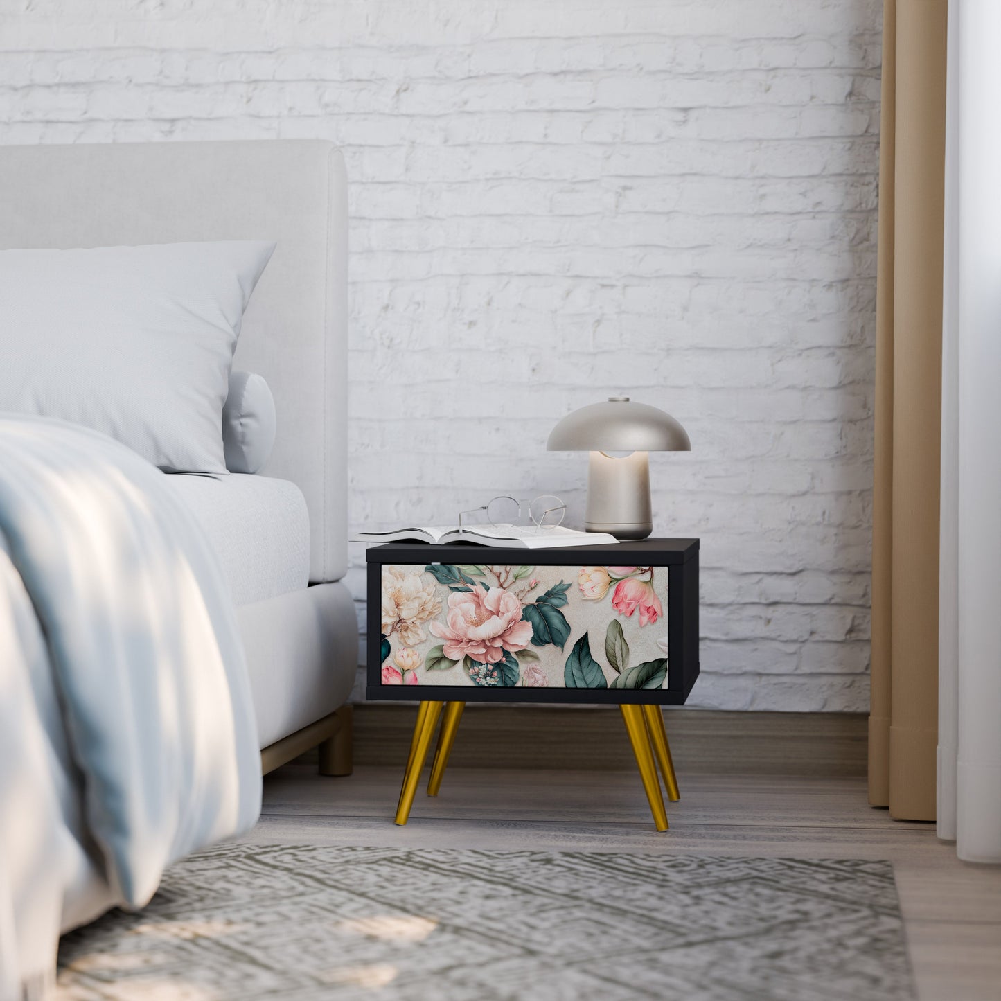 FLORAL GRACE Nightstand in Black Finish