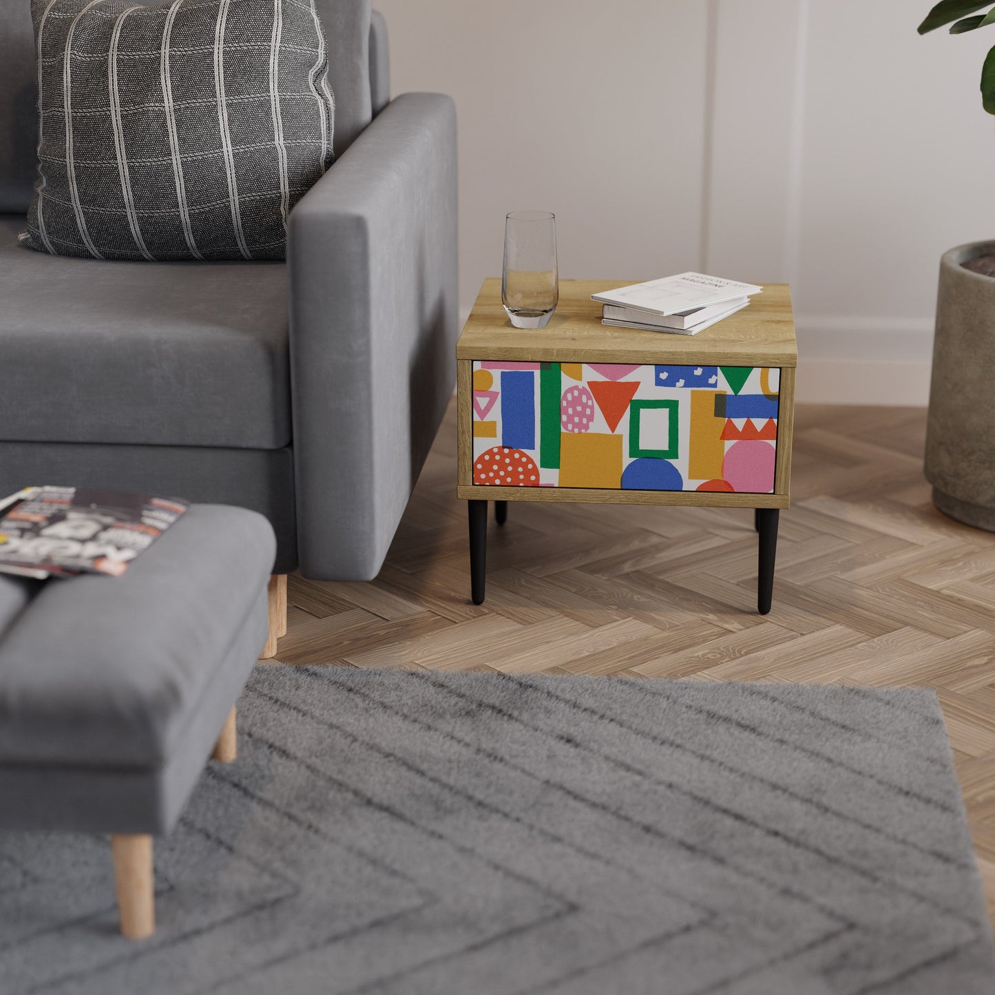 GEOMETRIC GLIMMER Nightstand in Oak Effect