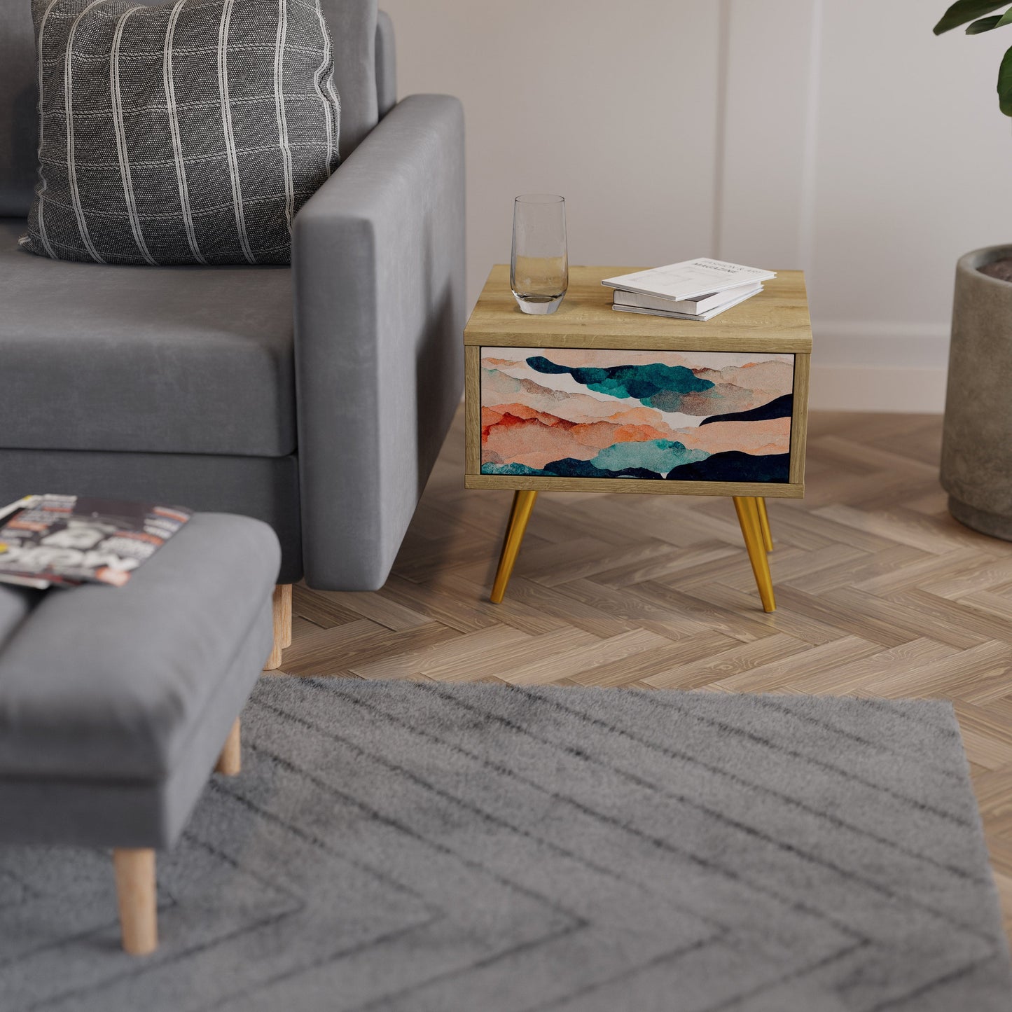 ABSTRACT LANDSCAPE Comodino in Effetto Rovere