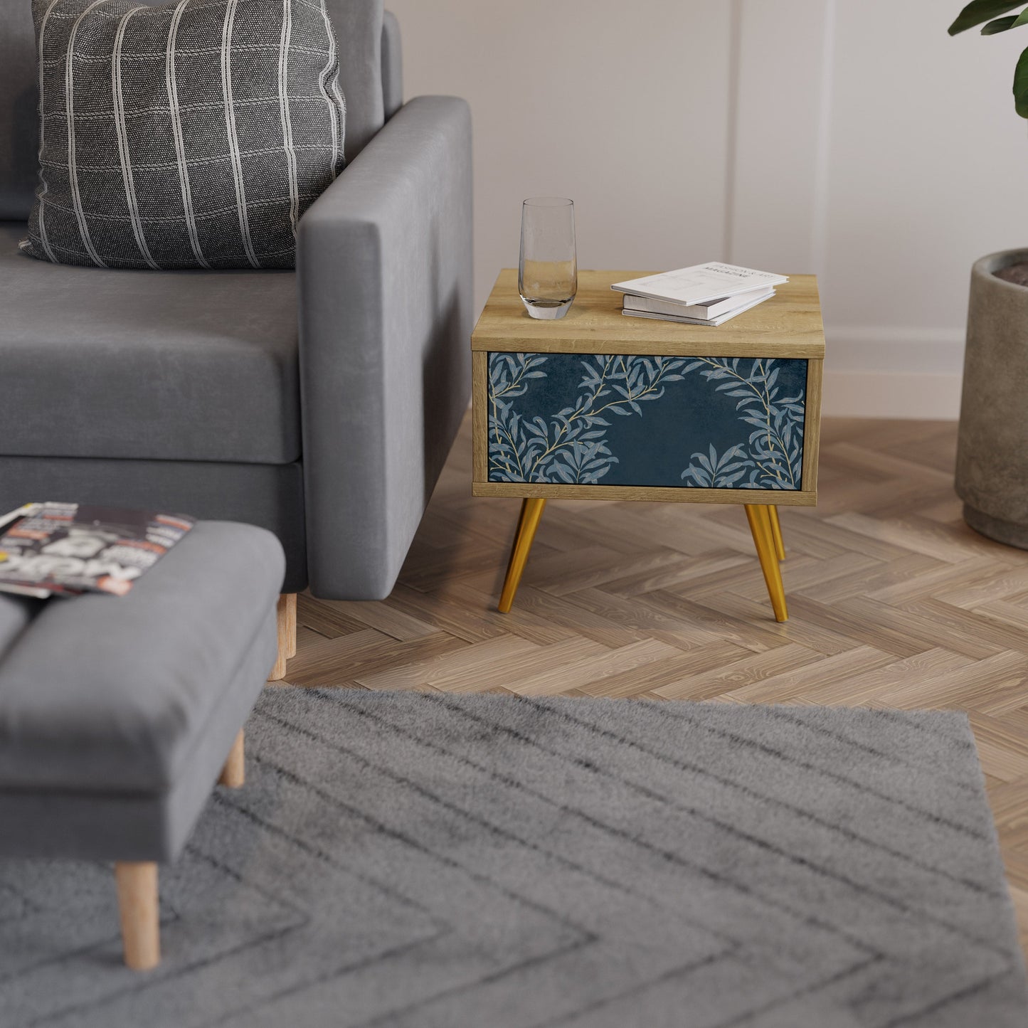 BLUE LEAVES Comodino in Effetto Rovere