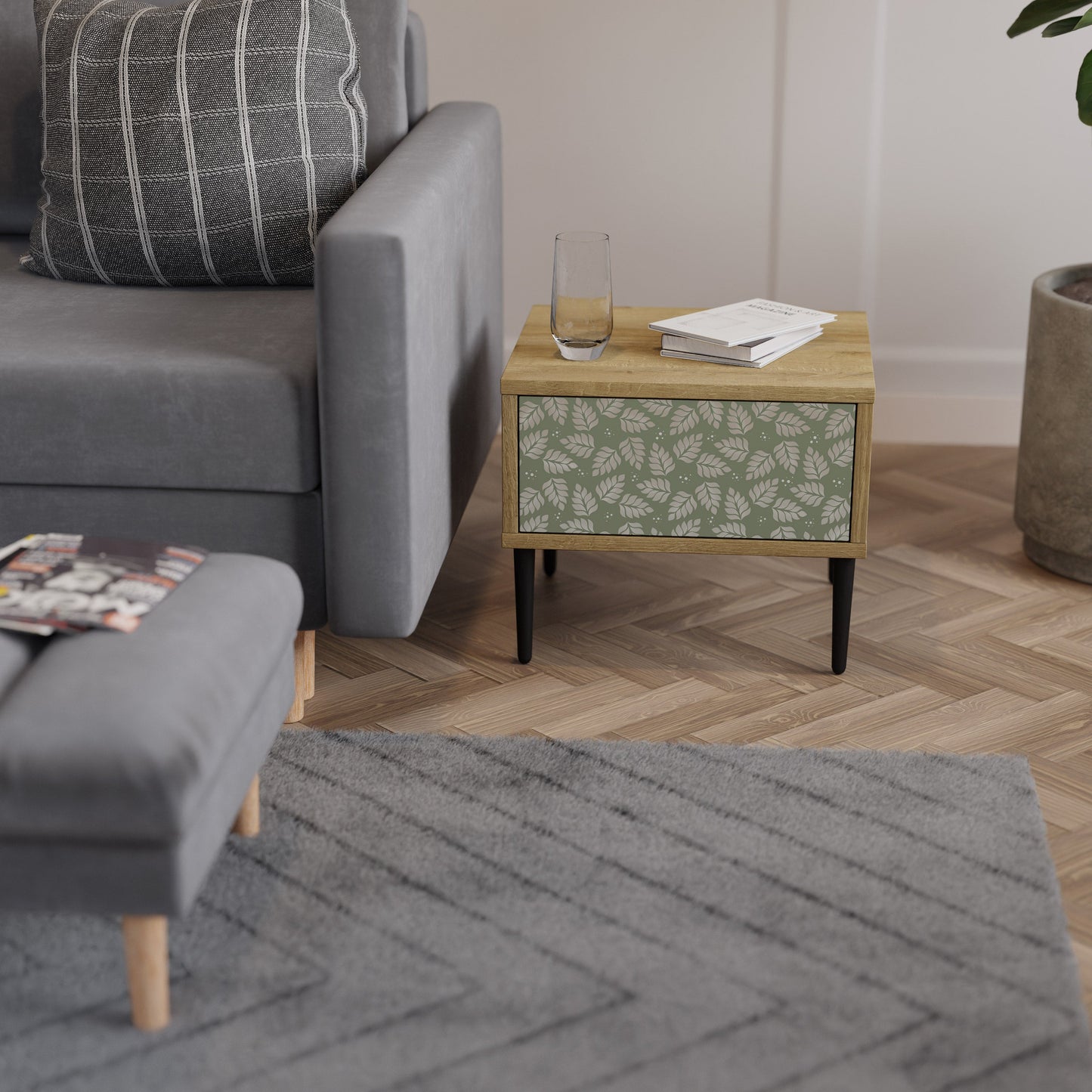 LEAVES ON GREEN Comodino in Effetto Rovere