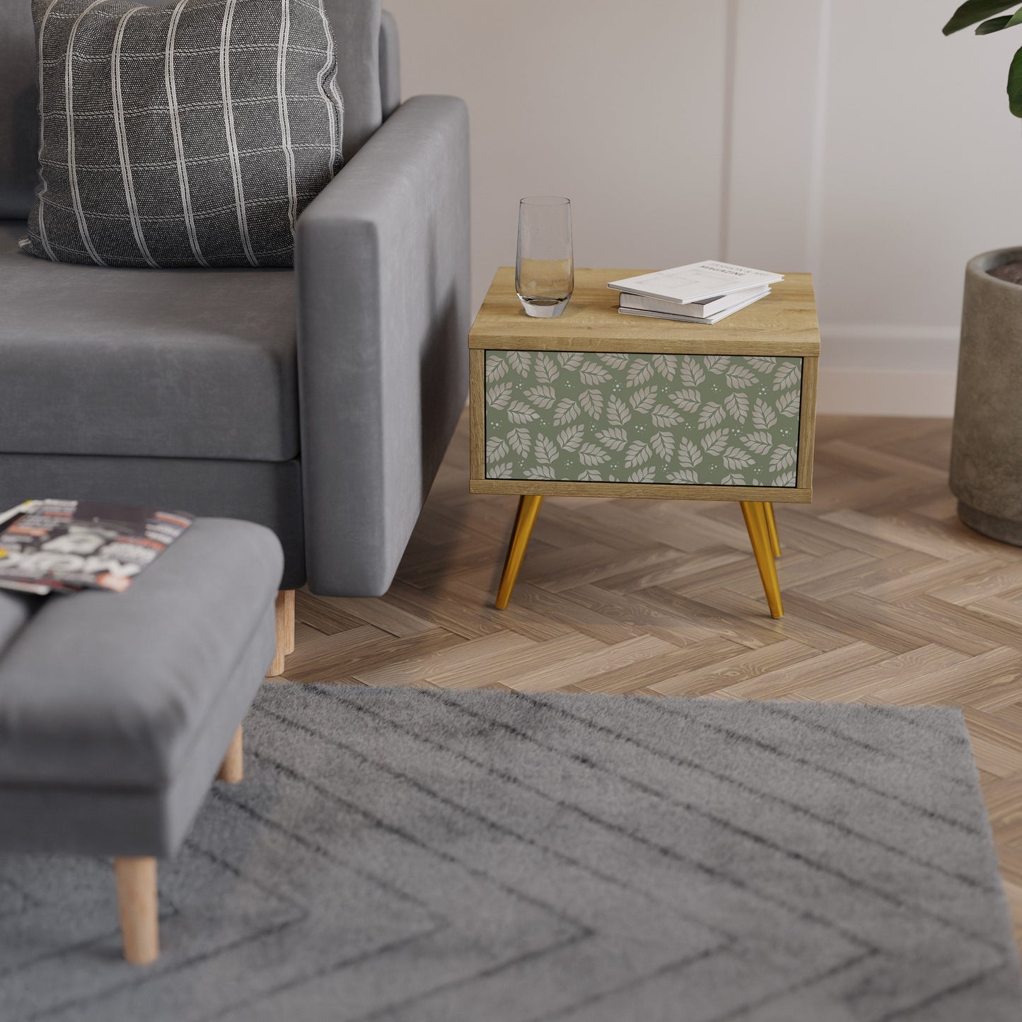 LEAVES ON GREEN Comodino in Effetto Rovere