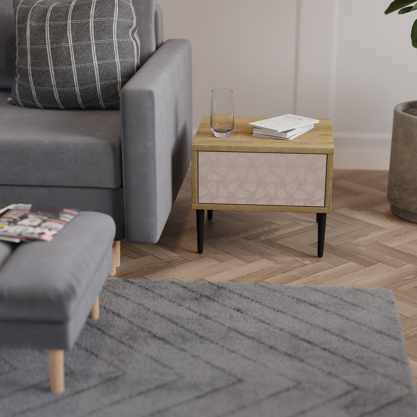 LEAVES ON BEIGE Comodino in Effetto Rovere