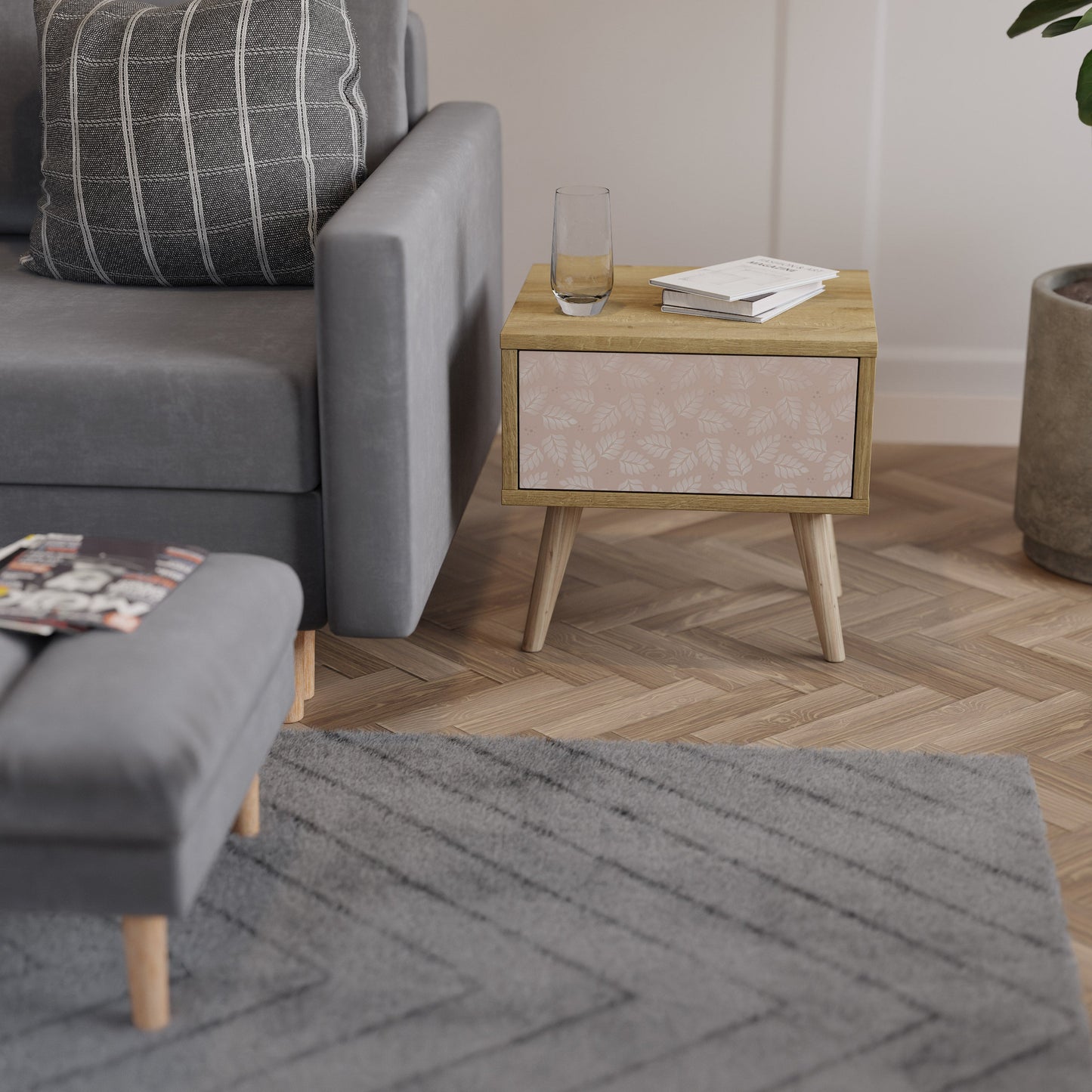 LEAVES ON BEIGE Comodino in Effetto Rovere