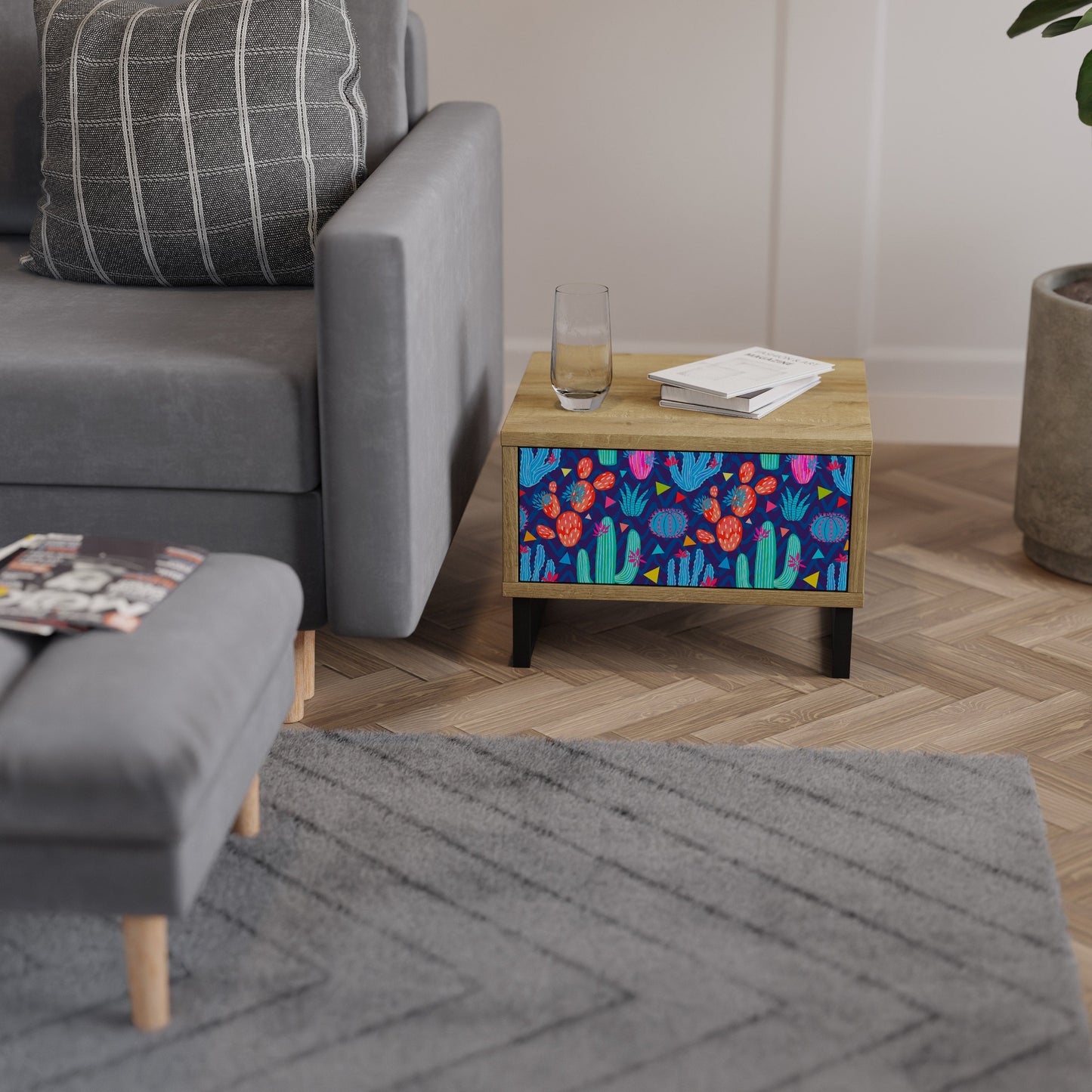 CACTUS VIBES Nightstand in Oak Effect