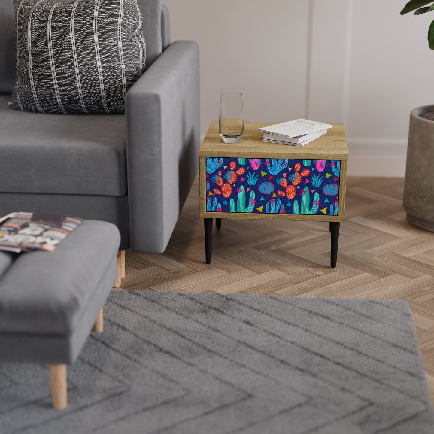 CACTUS VIBES Nightstand in Oak Effect