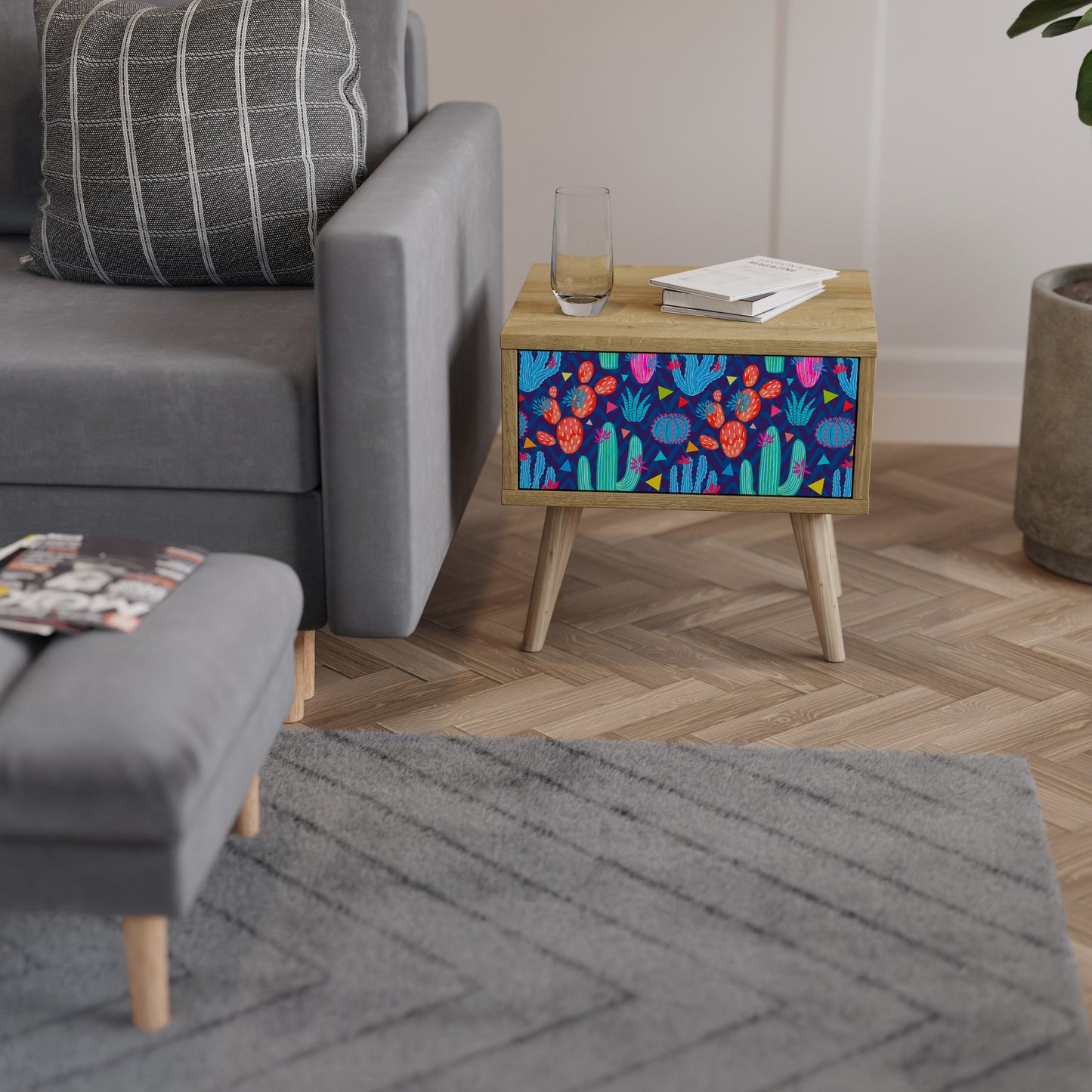 CACTUS VIBES Nightstand in Oak Effect