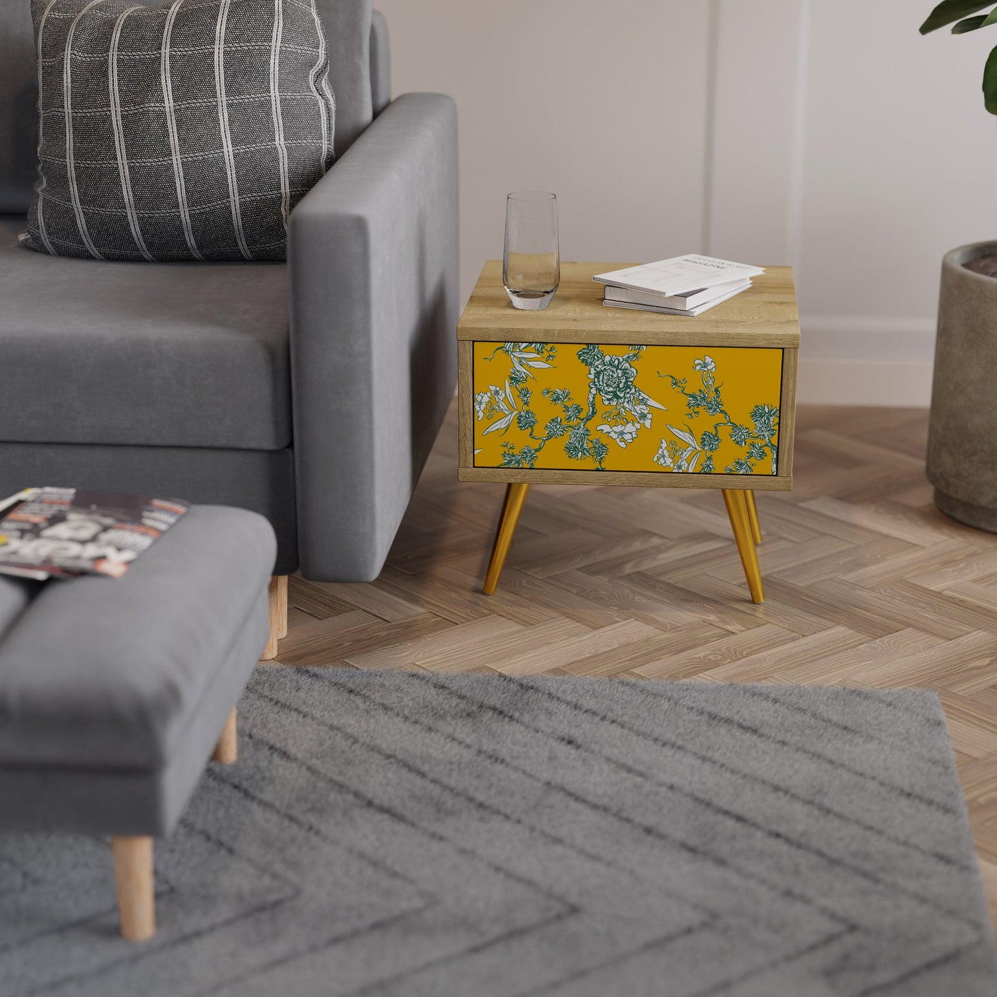 YELLOW CHINOISERIE Nightstand in Oak Effect