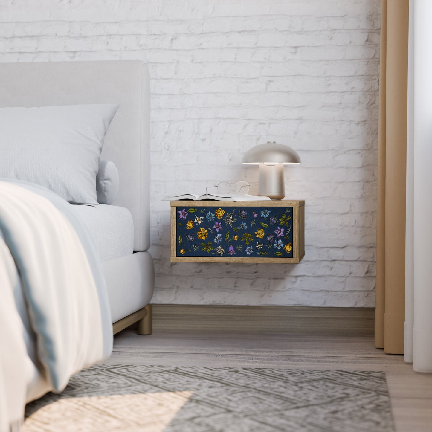 FLOWERS ON NAVY BLUE Comodino in Effetto Rovere