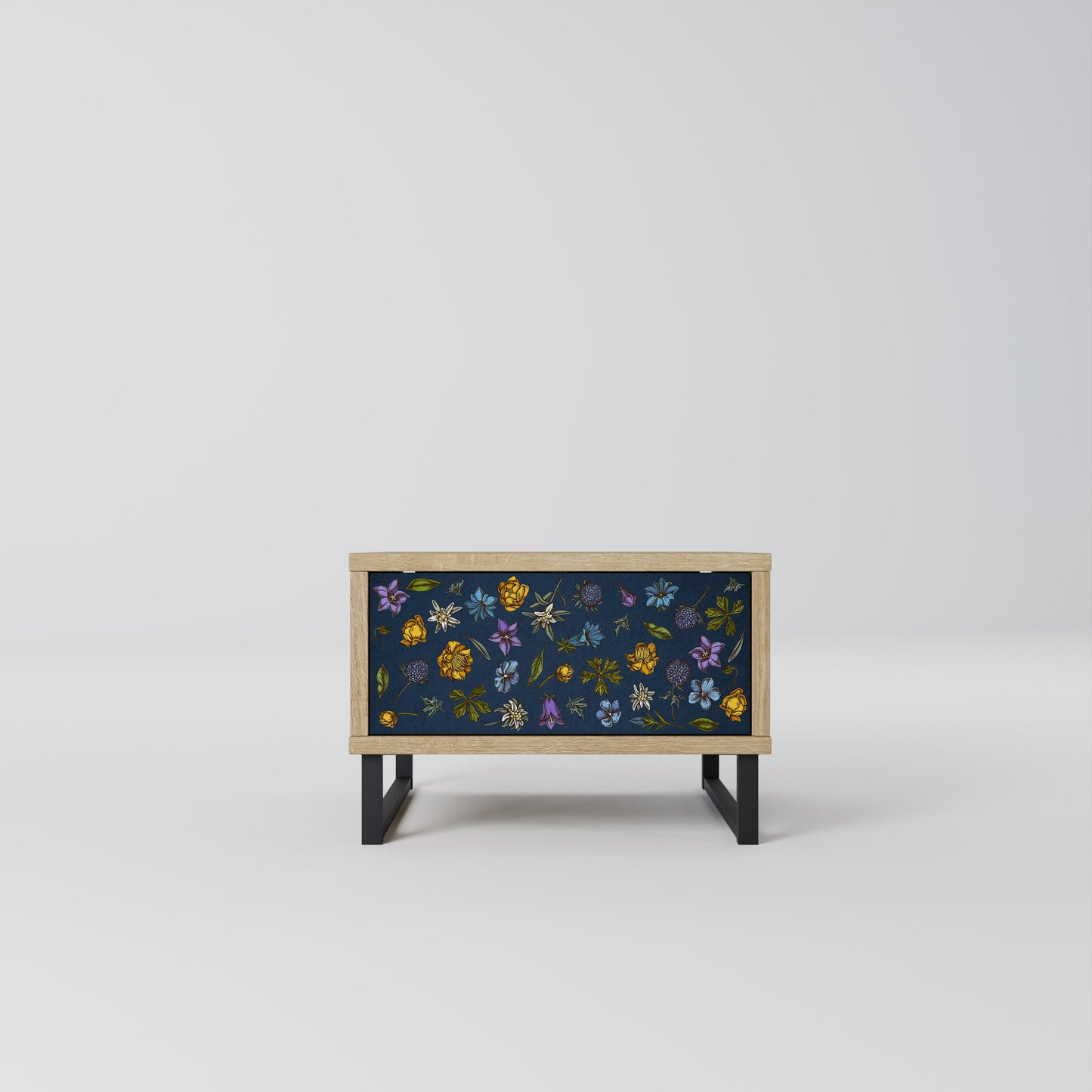 FLOWERS ON NAVY BLUE Comodino in Effetto Rovere