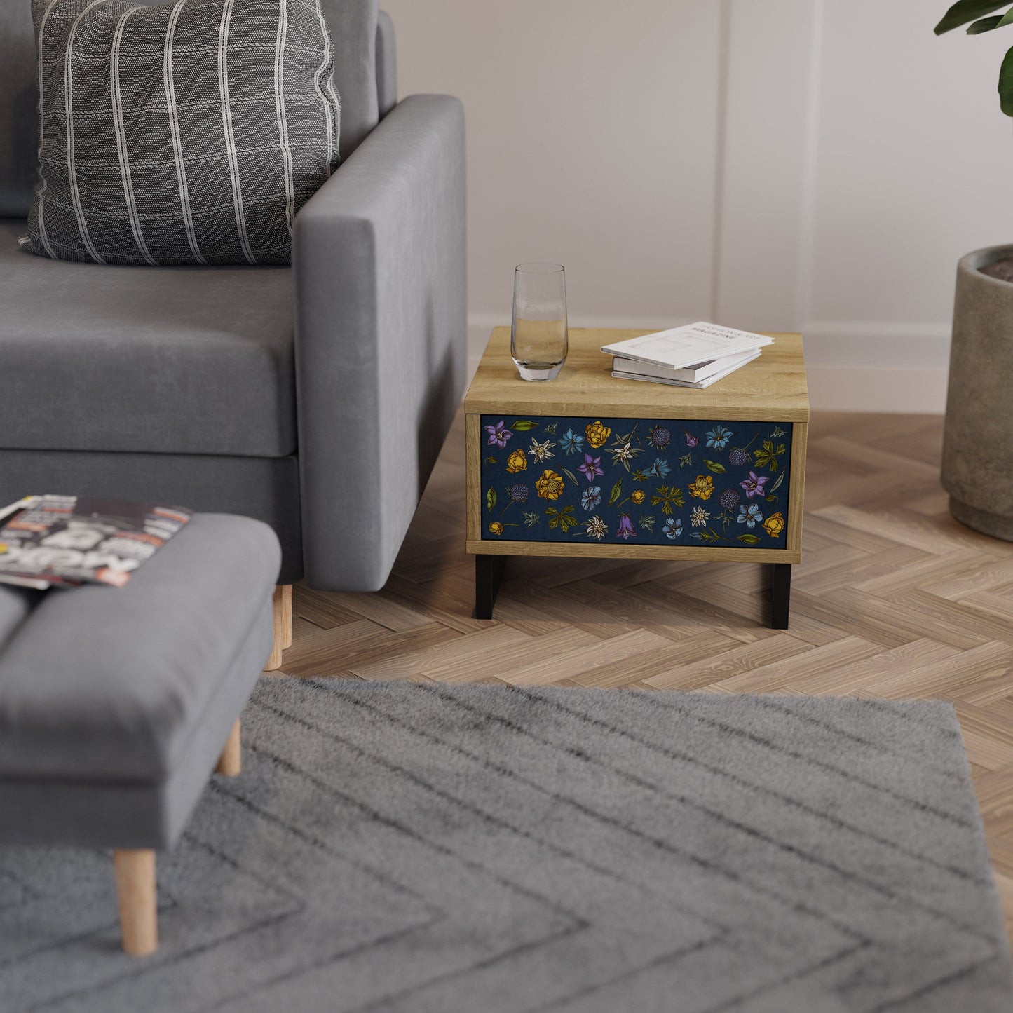 FLOWERS ON NAVY BLUE Comodino in Effetto Rovere