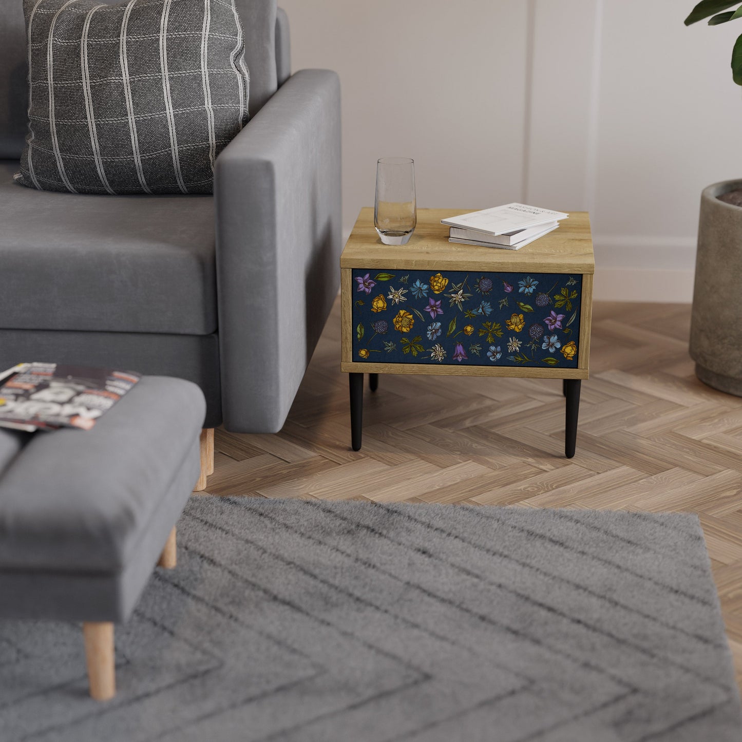 FLOWERS ON NAVY BLUE Comodino in Effetto Rovere