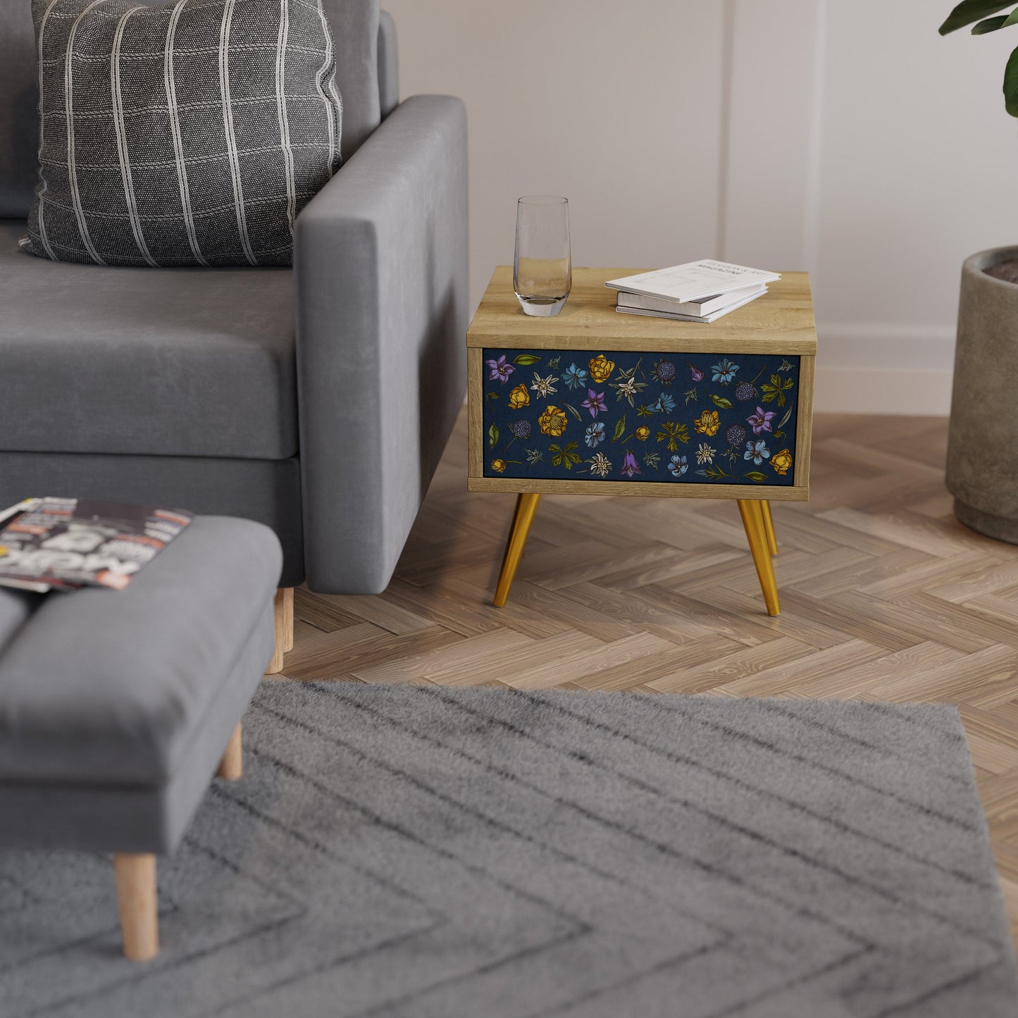 FLOWERS ON NAVY BLUE Comodino in Effetto Rovere