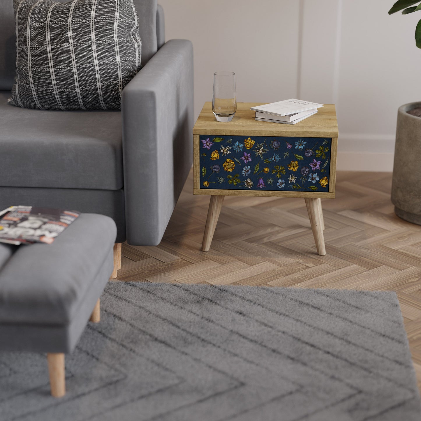 FLOWERS ON NAVY BLUE Comodino in Effetto Rovere