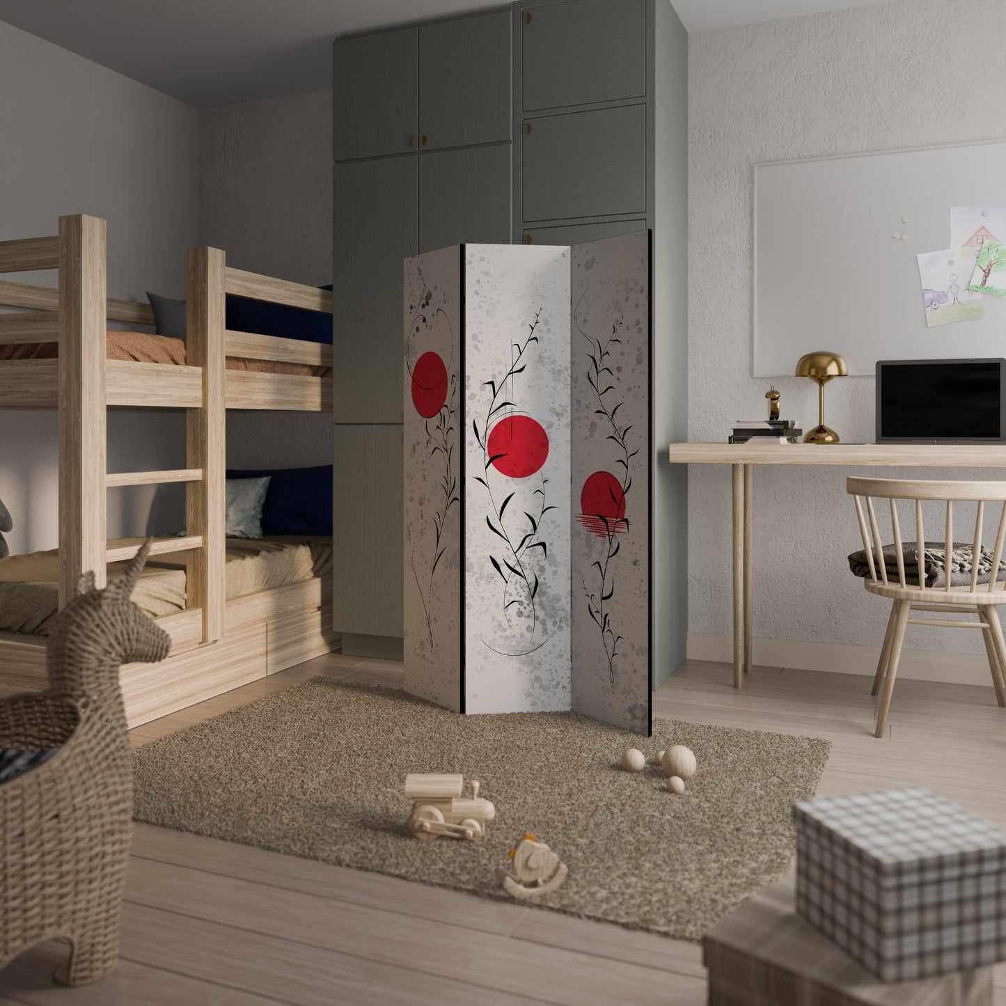 DIVISORIO DECORATIVO A 3 PANNELLI "RED WHISPERS IN FOLIAGE"