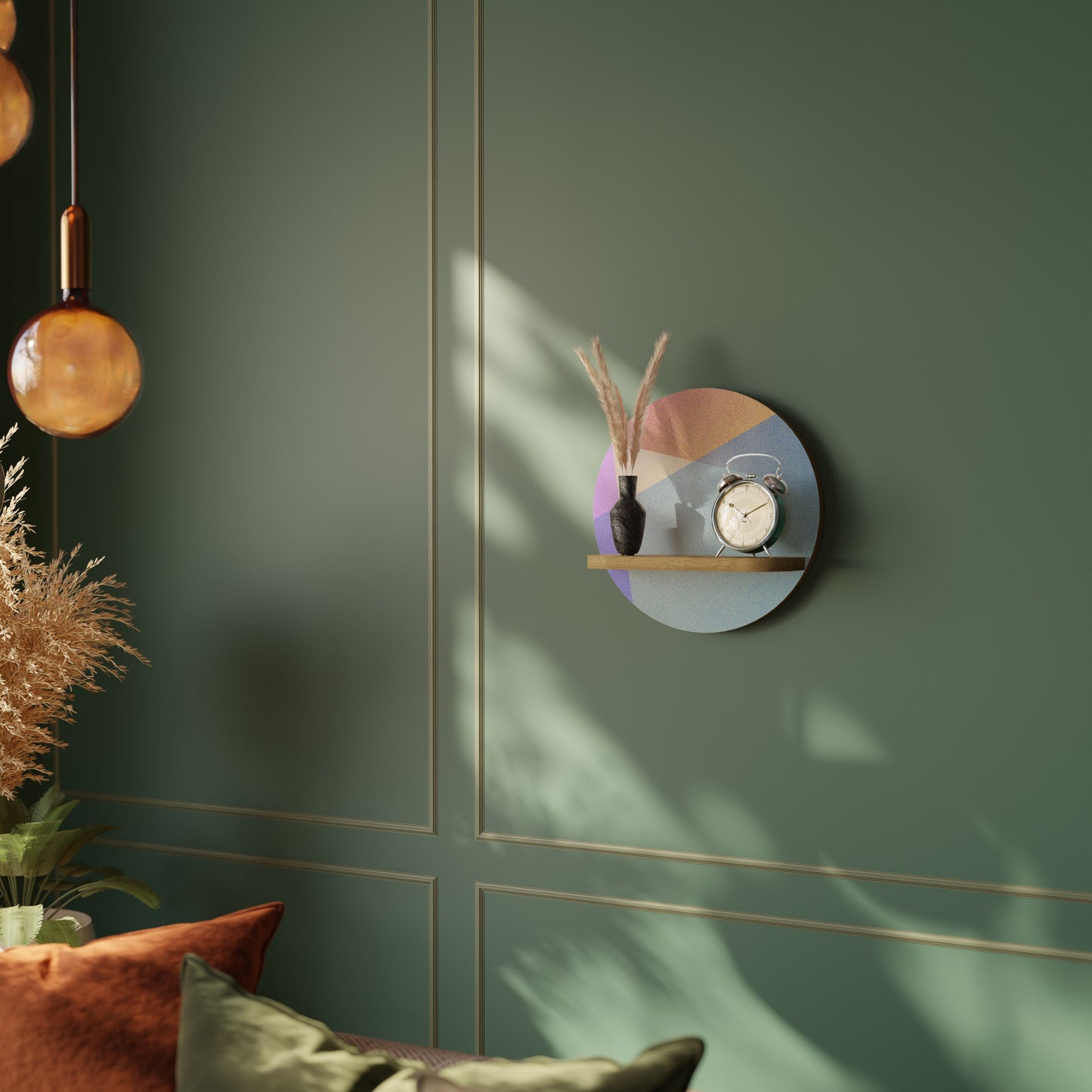 BRIGHT GEOMETRY Round Art Shelf In Oak Effect