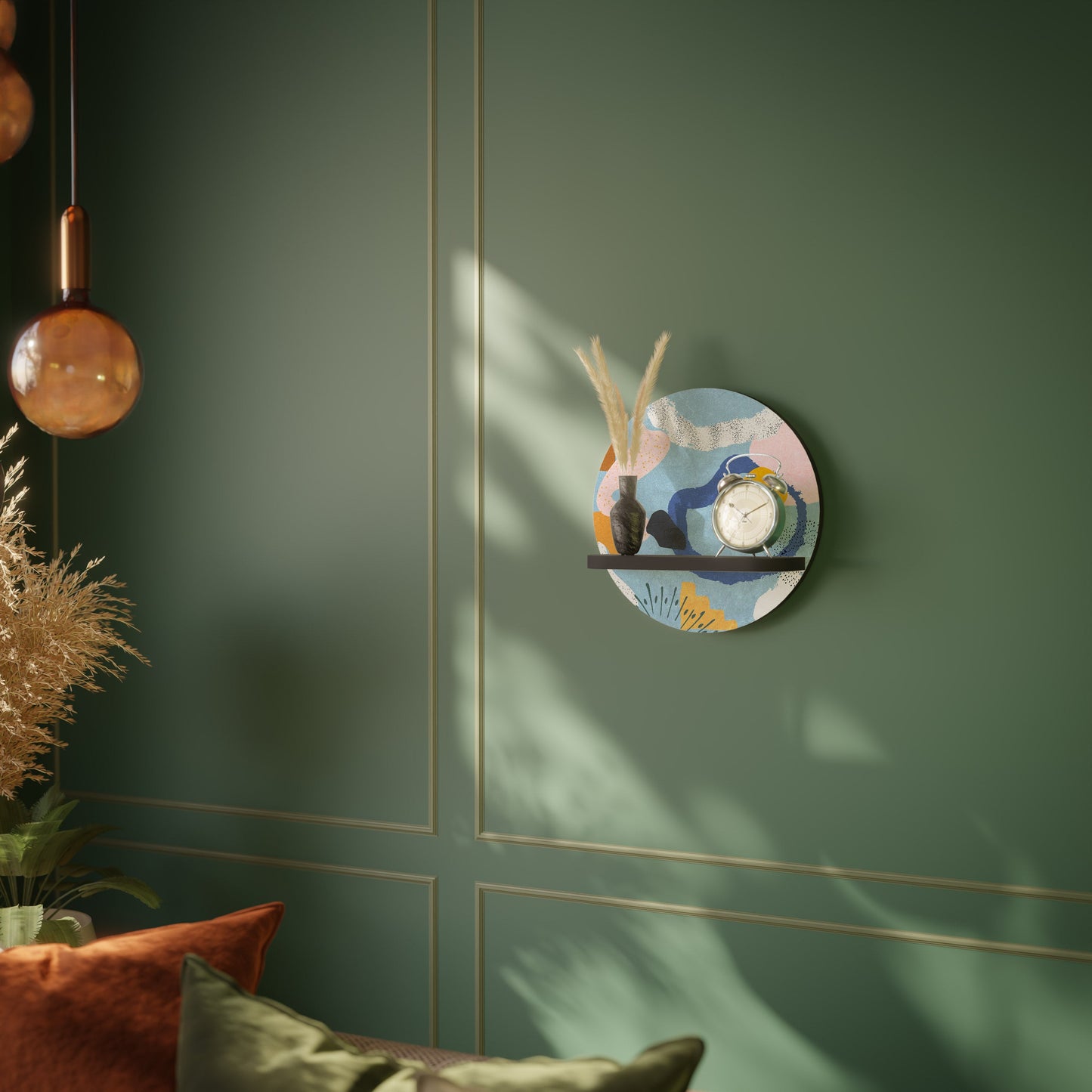 DREAMY SWIRLS Round Art Shelf In Black Finish