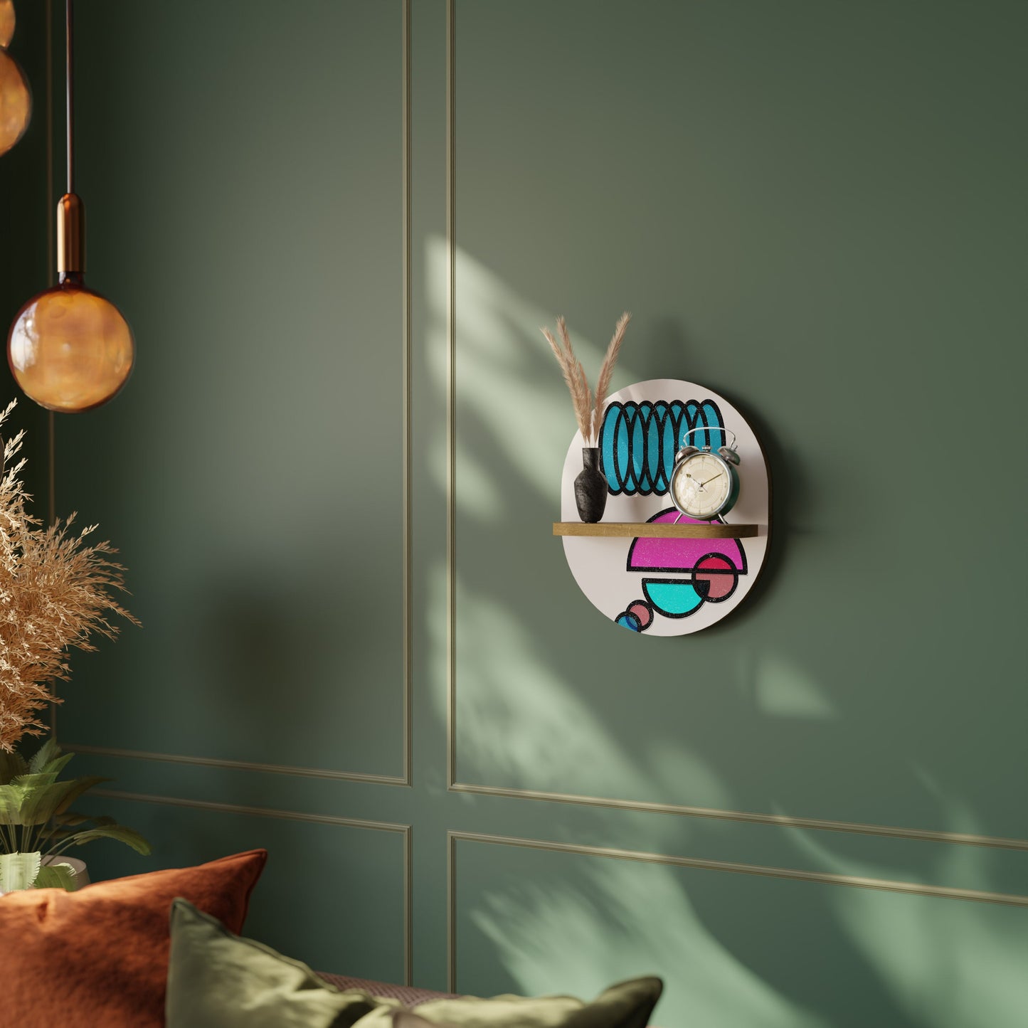 GEOMETRIC RHAPSODY Oval Art Shelf In Oak Effect