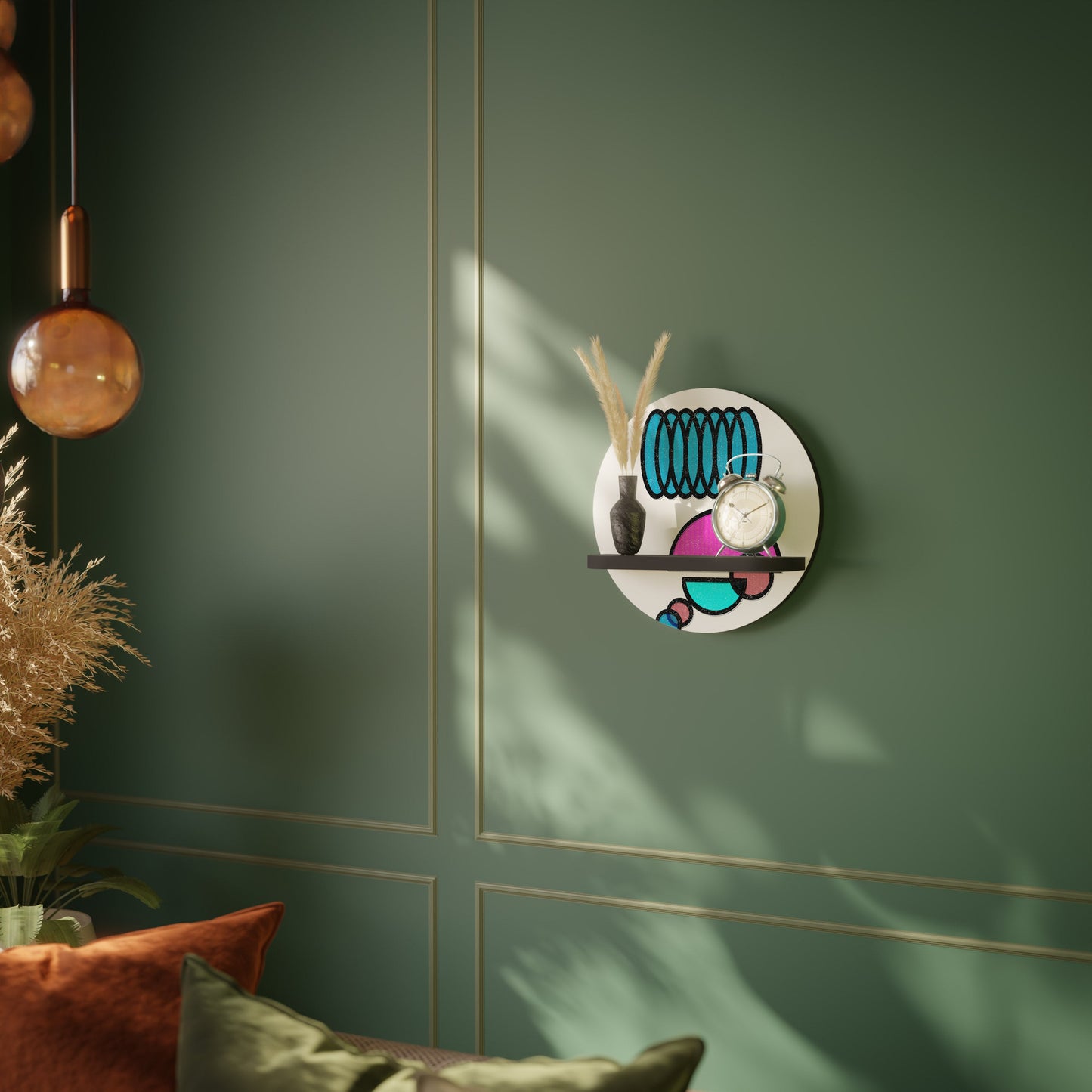 GEOMETRIC RHAPSODY Round Art Shelf In Black Finish