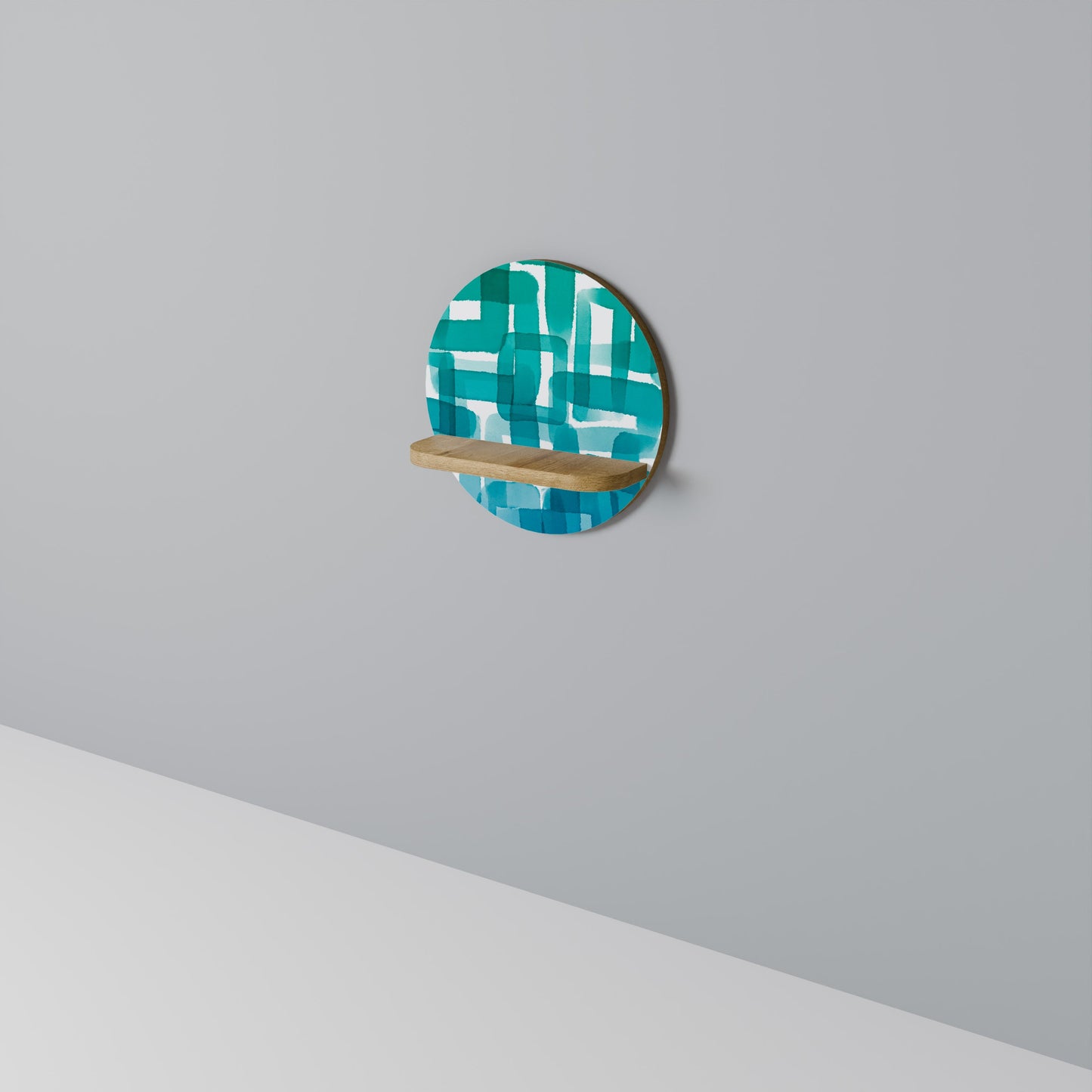TURQUOISE RECTANGLES Round Art Shelf In Oak Effect