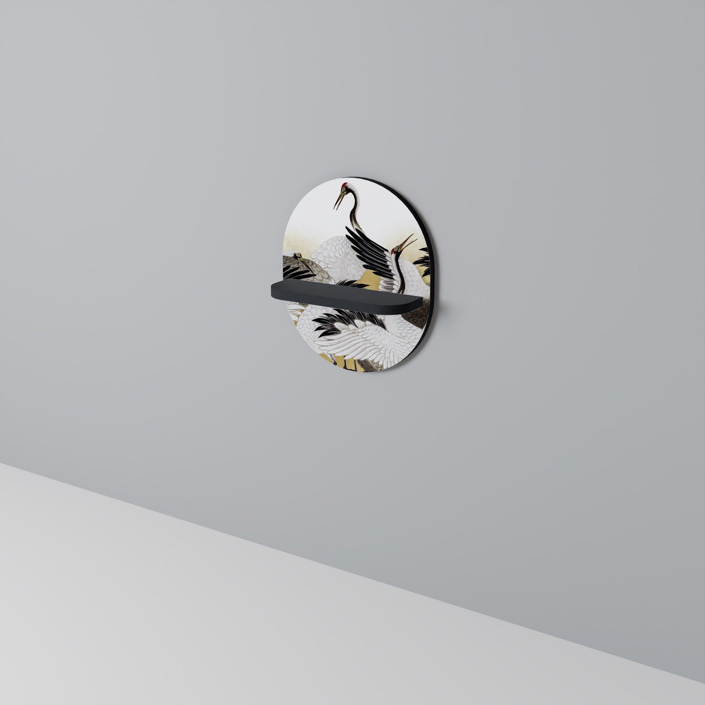 JAPANESE FLOCK OF CRANES Oval Art Shelf In Black Finish