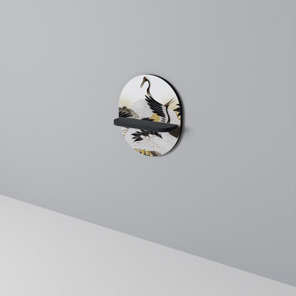 JAPANESE FLOCK OF CRANES Oval Art Shelf In Black Finish