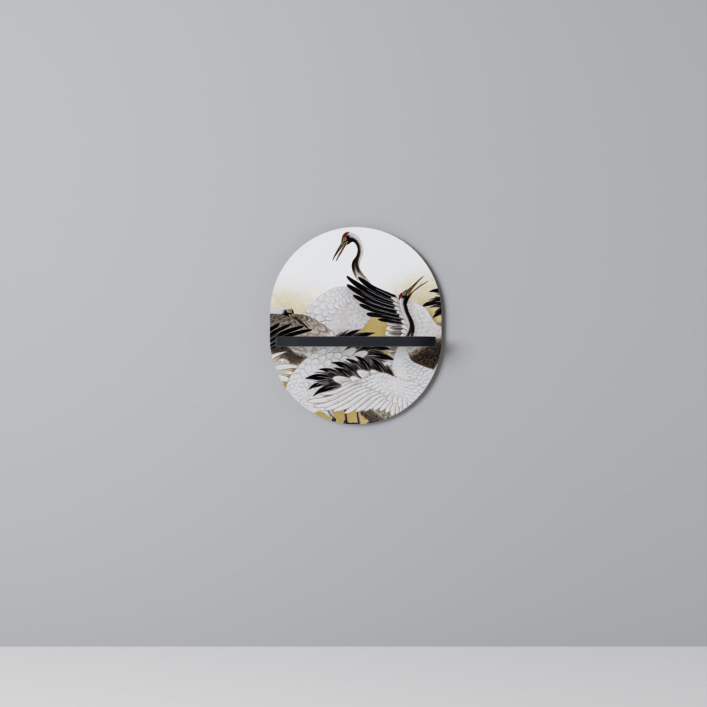 JAPANESE FLOCK OF CRANES Oval Art Shelf In Black Finish
