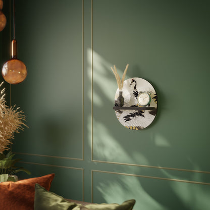 JAPANESE FLOCK OF CRANES Oval Art Shelf In Black Finish