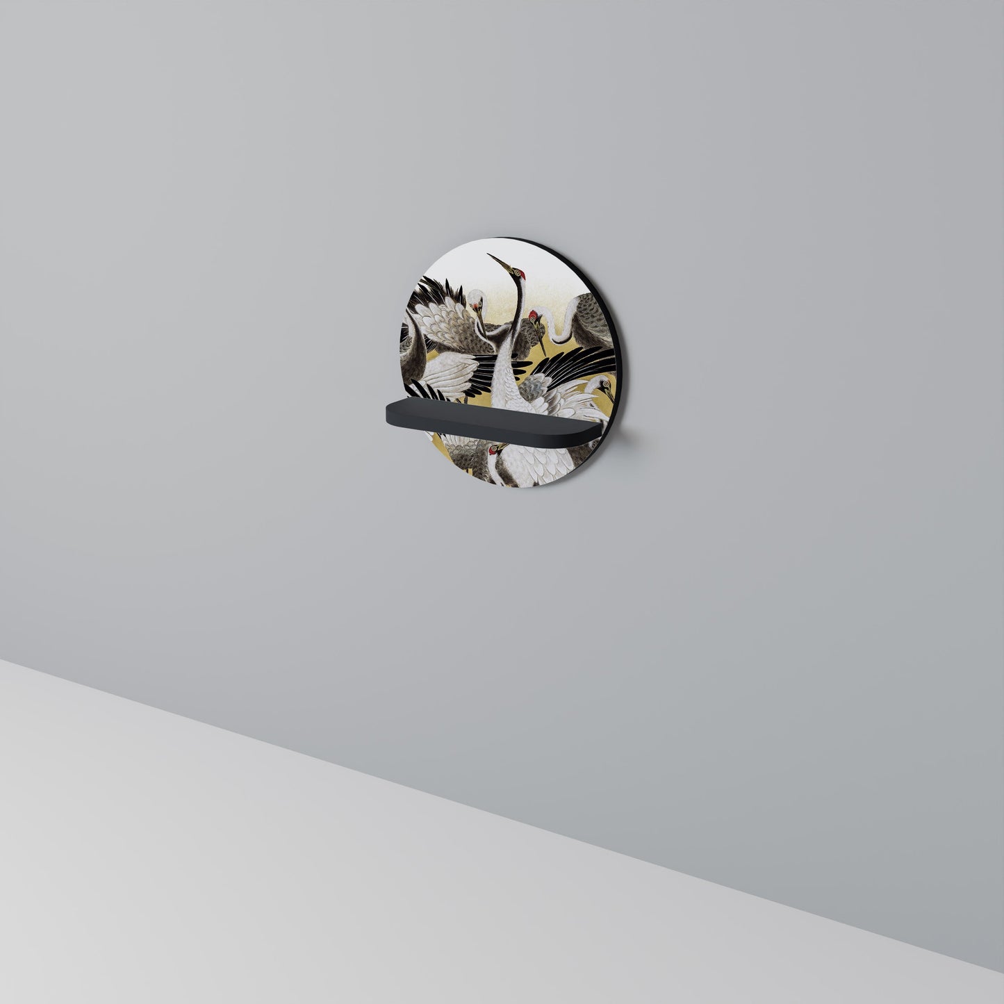 JAPANESE FLOCK OF CRANES Mensola Rotonda Decorativa con Finitura Nera