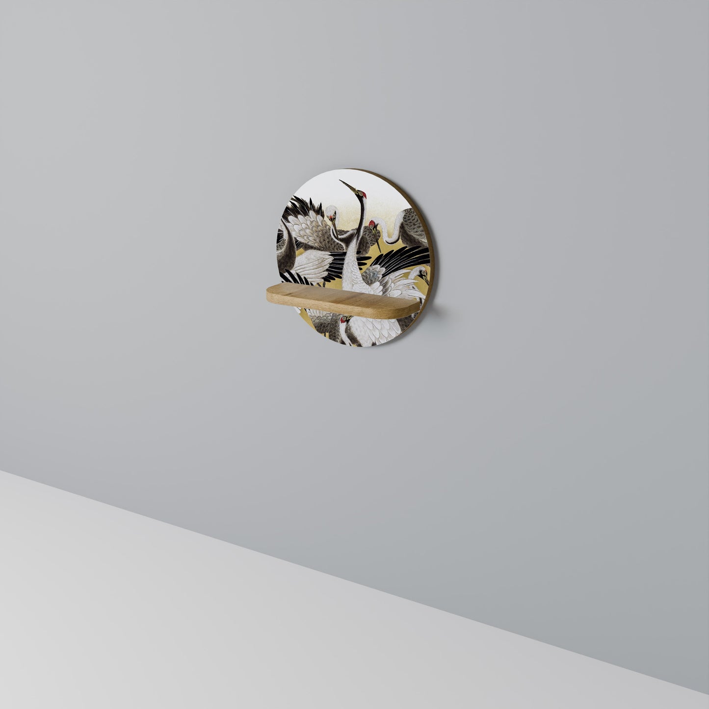 JAPANESE FLOCK OF CRANES Round Art Shelf In Oak Effect