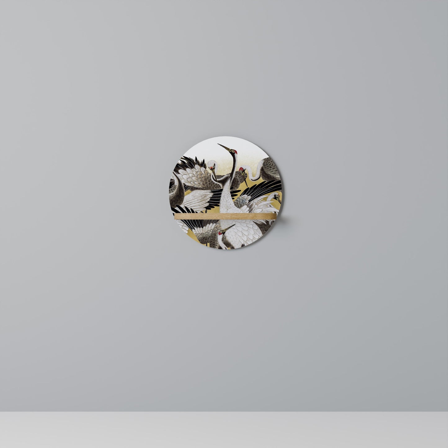 JAPANESE FLOCK OF CRANES Round Art Shelf In Oak Effect