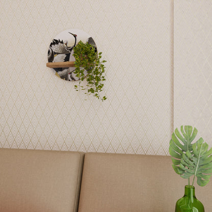 JAPANESE FLOCK OF CRANES Round Art Shelf In Oak Effect