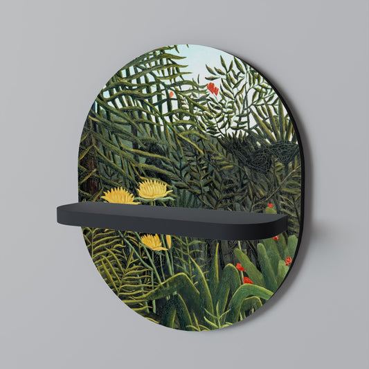 VIRGIN FOREST WITH SUNSET Oval Art Shelf In Black Finish