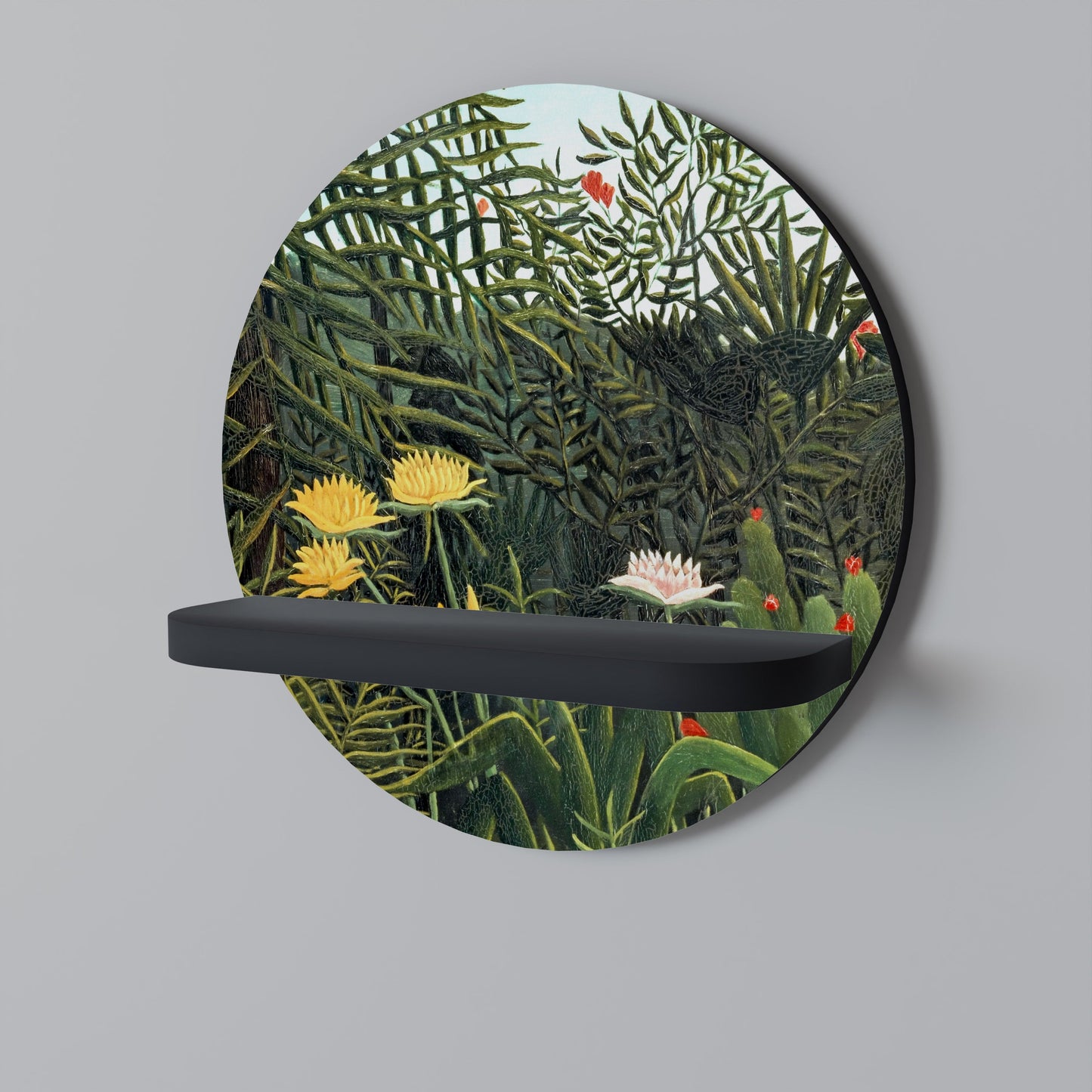 VIRGIN FOREST WITH SUNSET Round Art Shelf In Black Finish