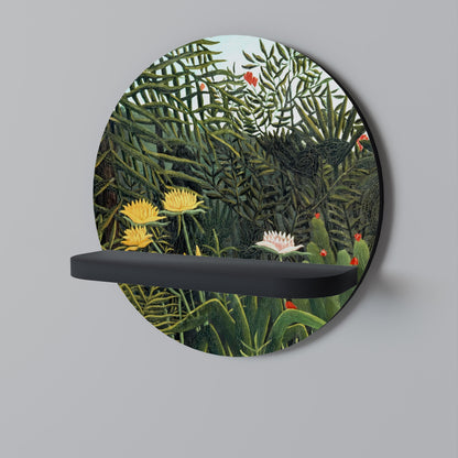 VIRGIN FOREST WITH SUNSET Round Art Shelf In Black Finish