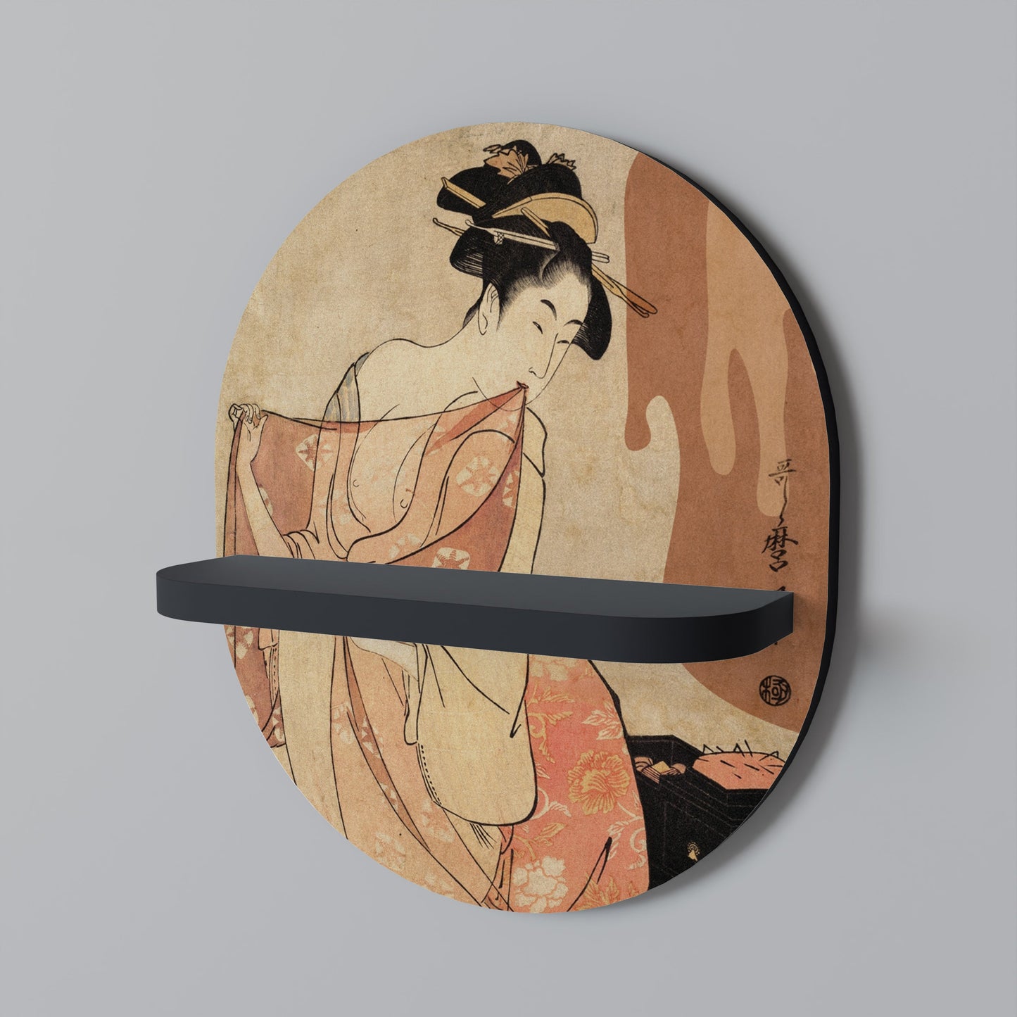 WOMAN, CAT AND EXTRA BROWN Oval Art Shelf In Black Finish