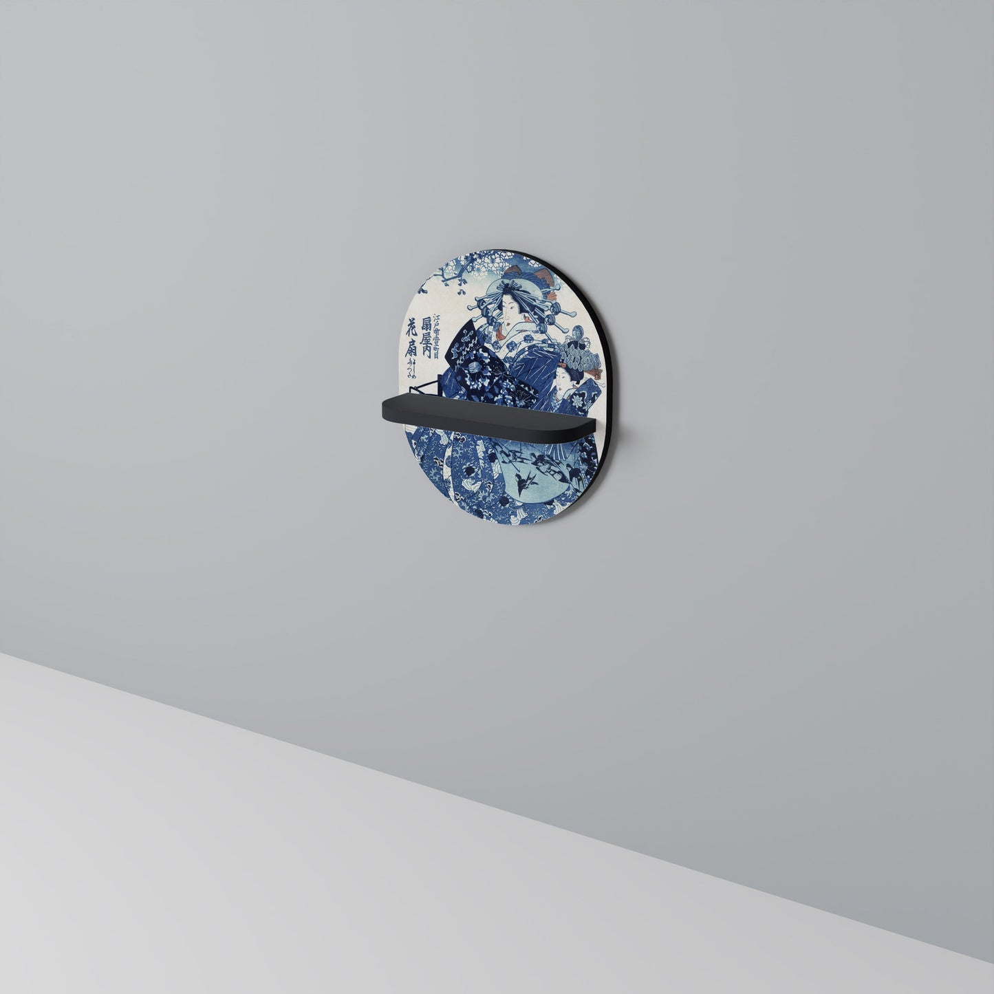 JAPANESE WOMAN Oval Art Shelf In Black Finish